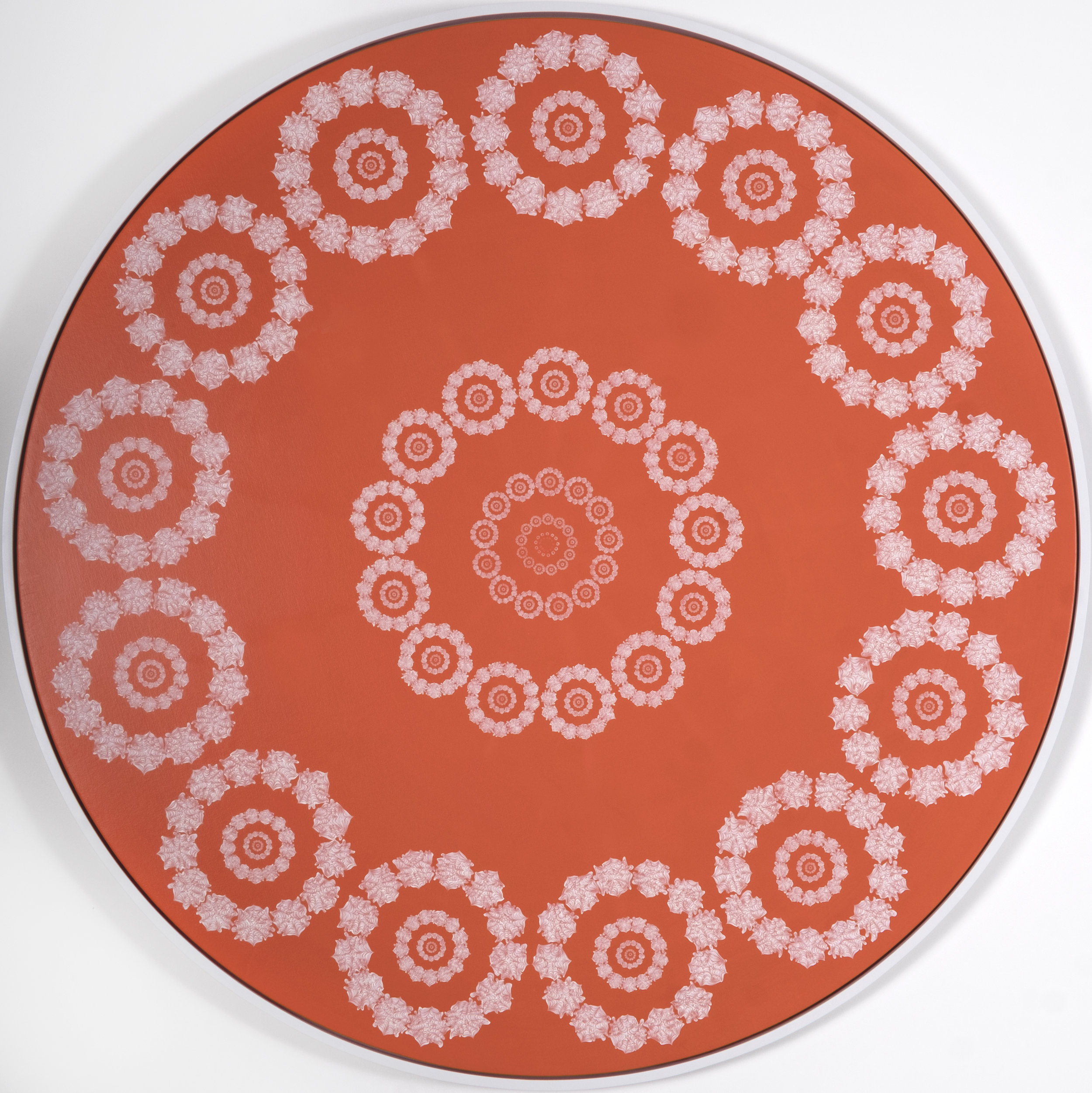 Recursion (White on Orange) (2017) Acrylic on canvas; white floater frame 60" in diameter