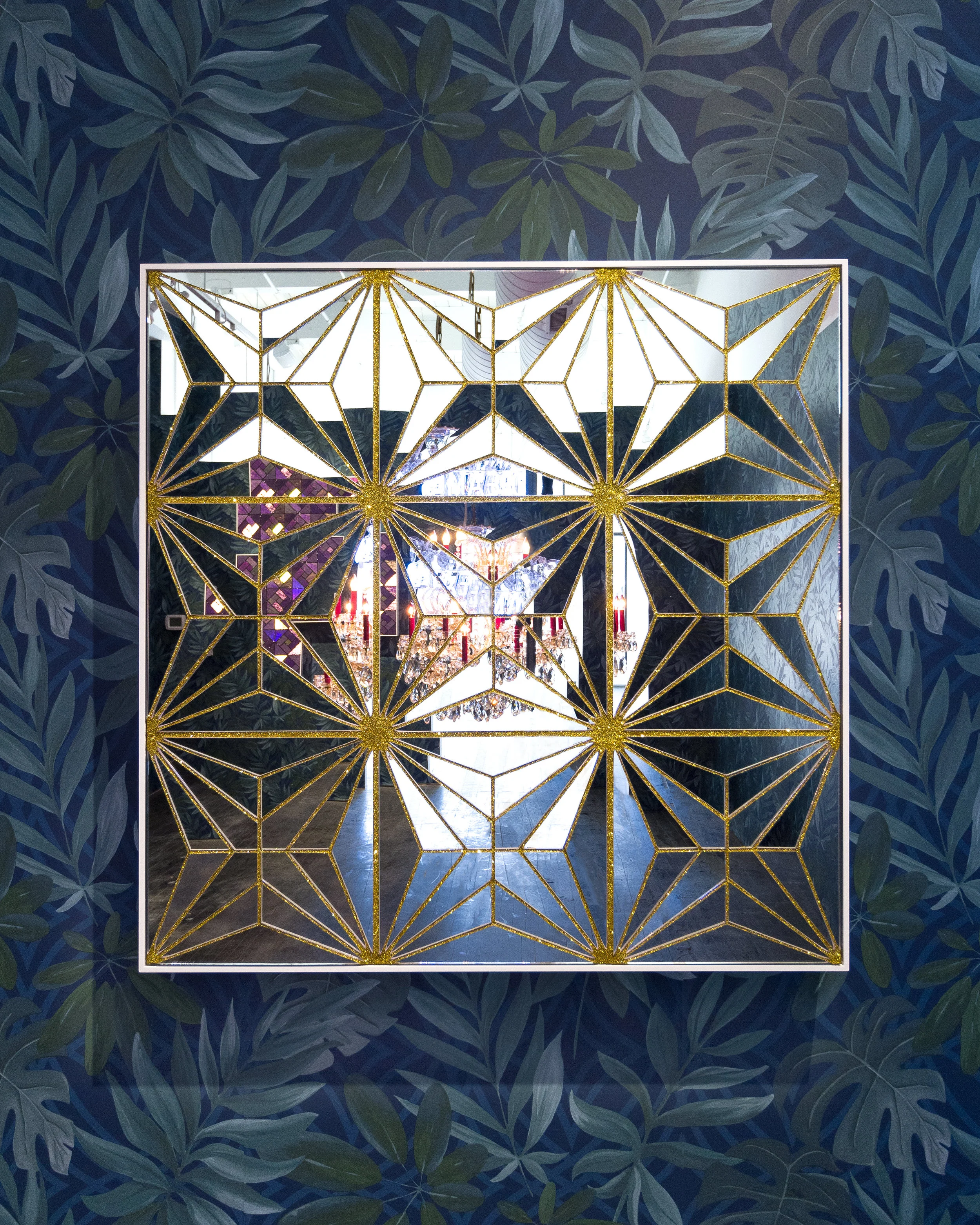 Carlos Rolón : Untitled (Gold Reja) , 2016 Mirror, silicone, and crystalline on aluminum panel 30h x 30w x 3d inches