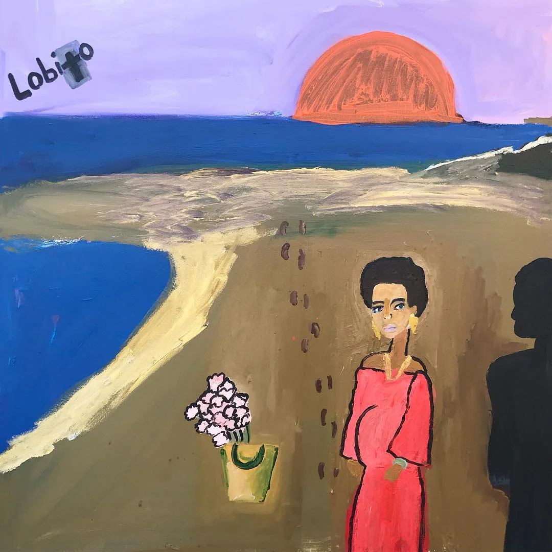 Cassi Namoda - Atlantic at moonset in Lobito -two lovers implored. (A beautiful pregnant woman being charmed with pink flowers and the ocean by a man) , 2017 Acrylic on canvas 30h x 40w inches