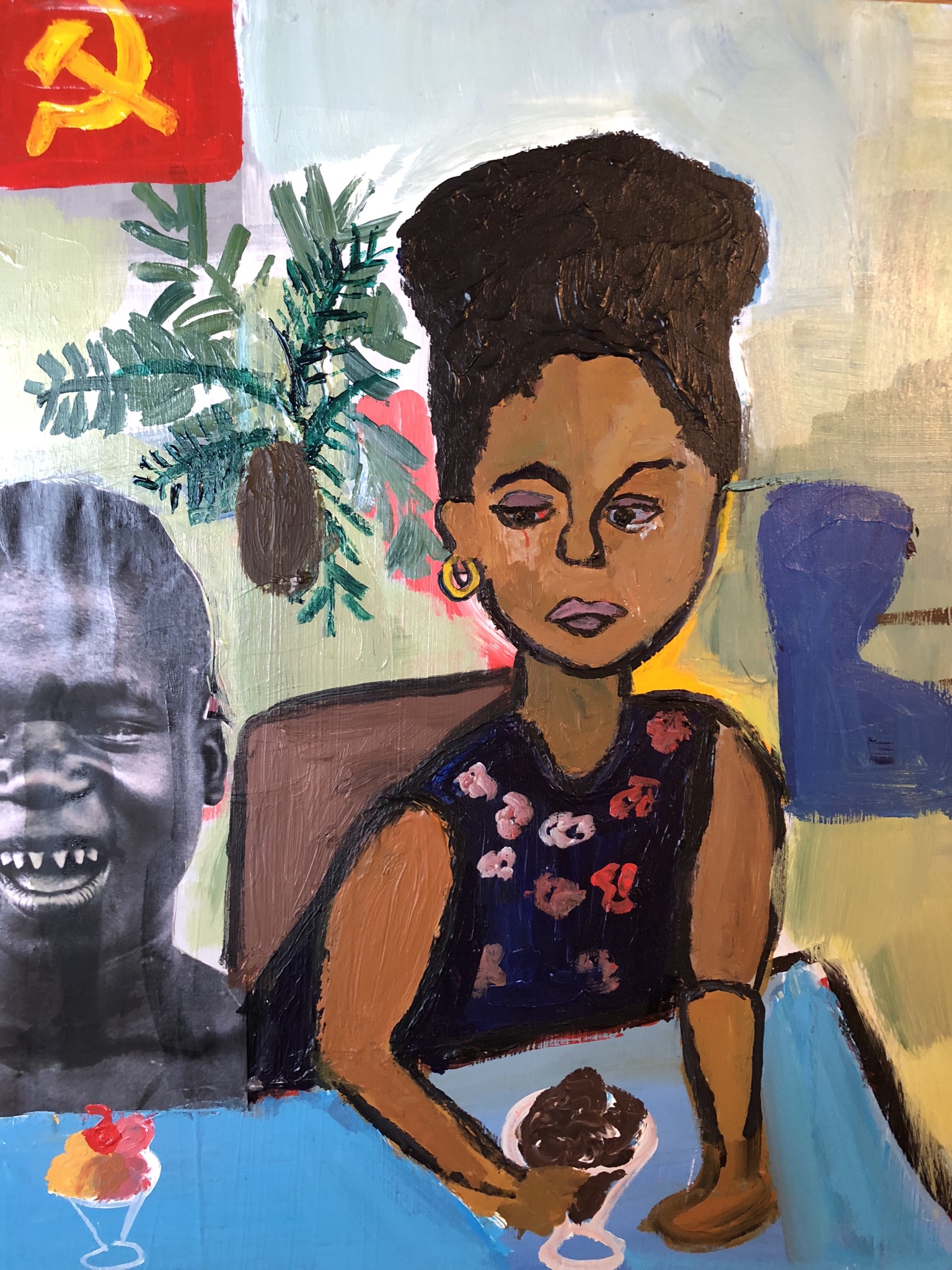 Cassi Namoda - Ice cream in Mozambique , 2018 Acrylic and collage on panel 14h x 11w in