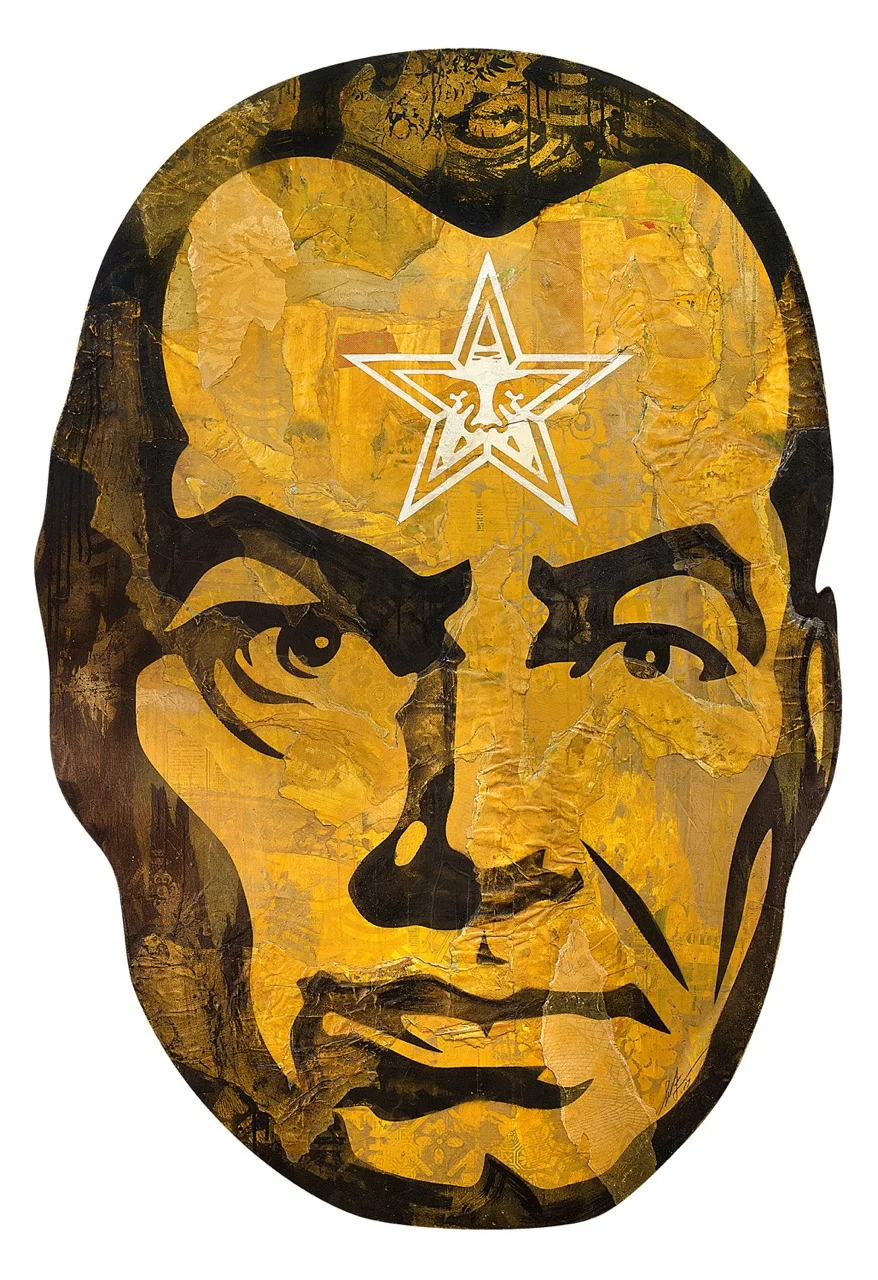Shepard Fairey: Big Brother (Gold) , 2017 Mixed Media (Stencil, Silkscreen, and Collage) on Die Cut Panel 60h x 41w inches