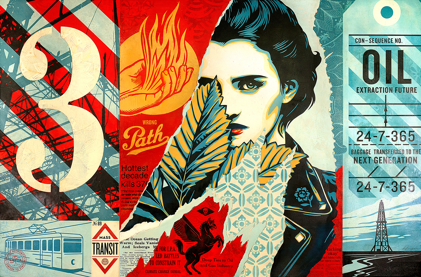 Shepard Fairey: Wrong Path , 2017 Mixed Media (Stencil, Silkscreen and Collage) on Canvas 58h x 88w inches