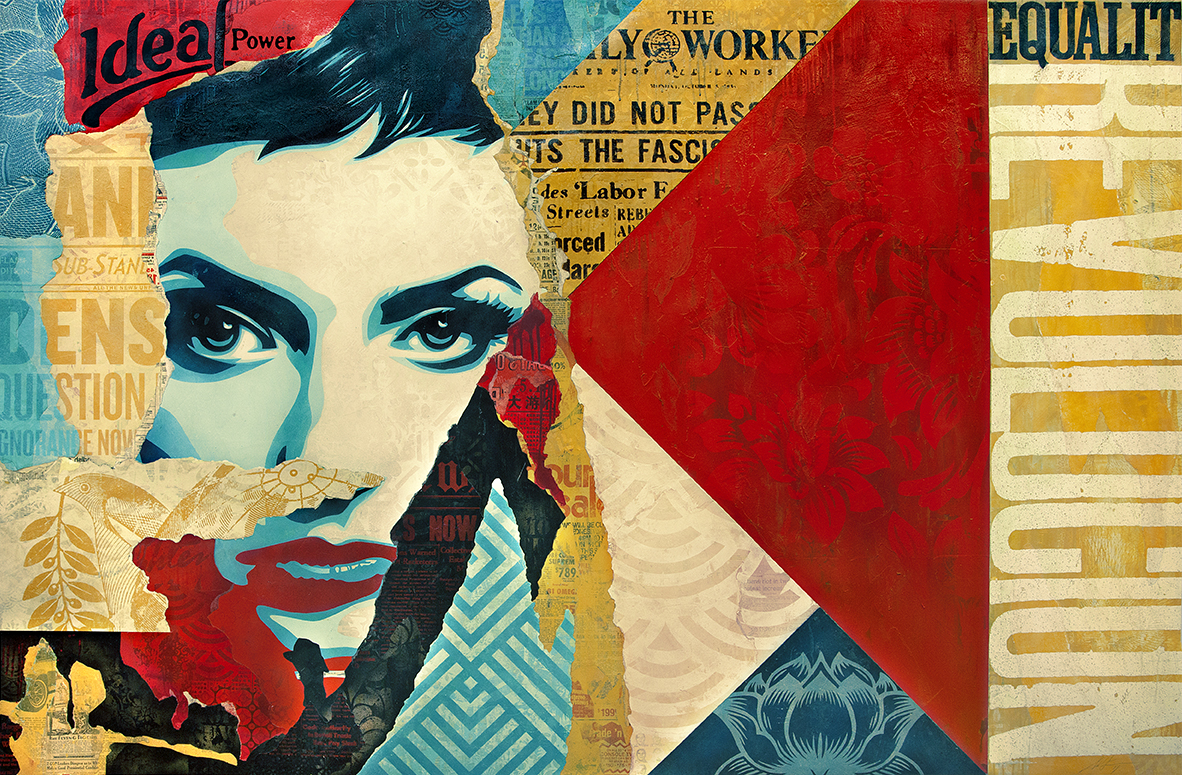 Shepard Fairey: Ideal Power , 2017 Mixed Media (Stencil, Silkscreen and Collage on Canvas) 88h x 58w inches