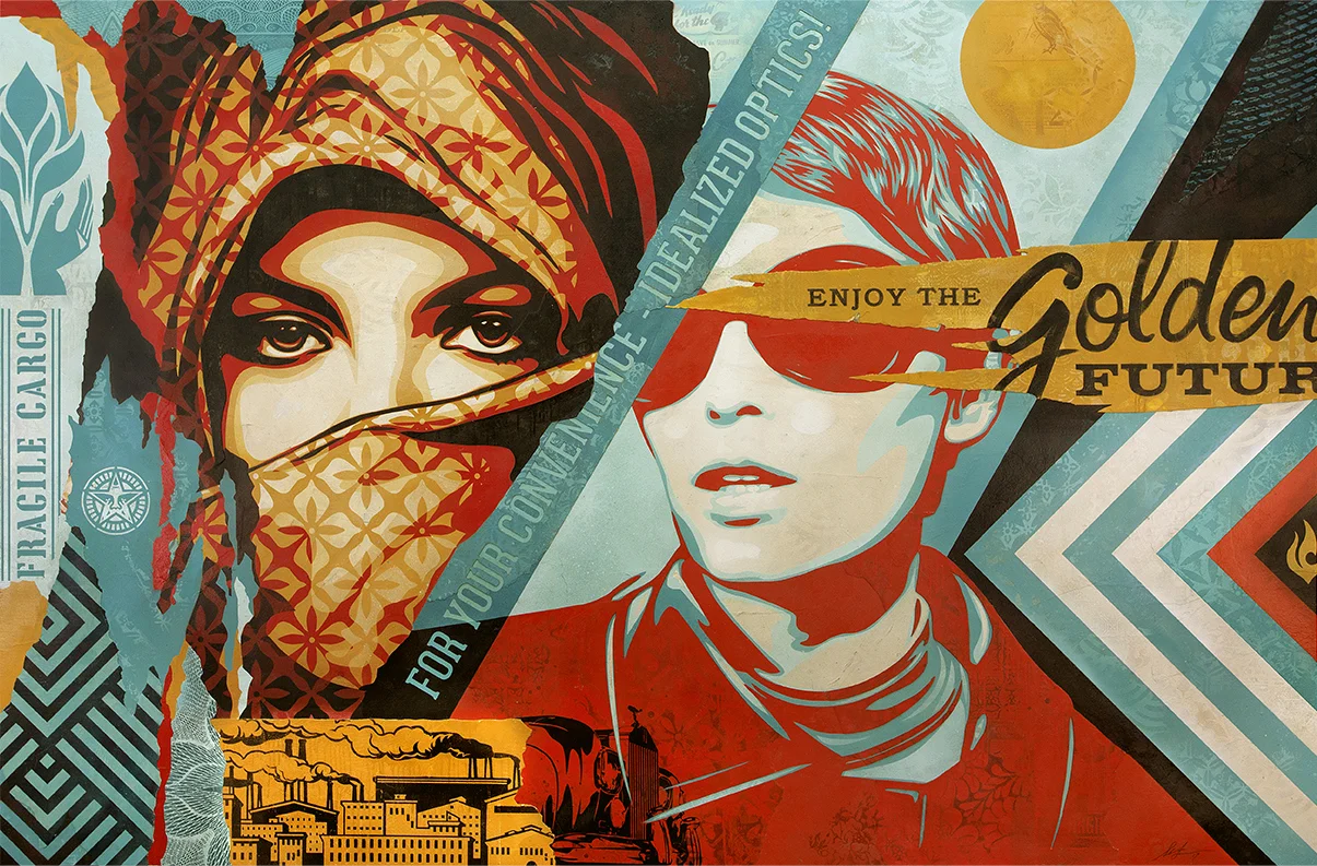 Shepard Fairey: Golden Future , 2017 Mixed Media (Stencil, Silkscreen and Collage on Canvas) 58h x 88w inches