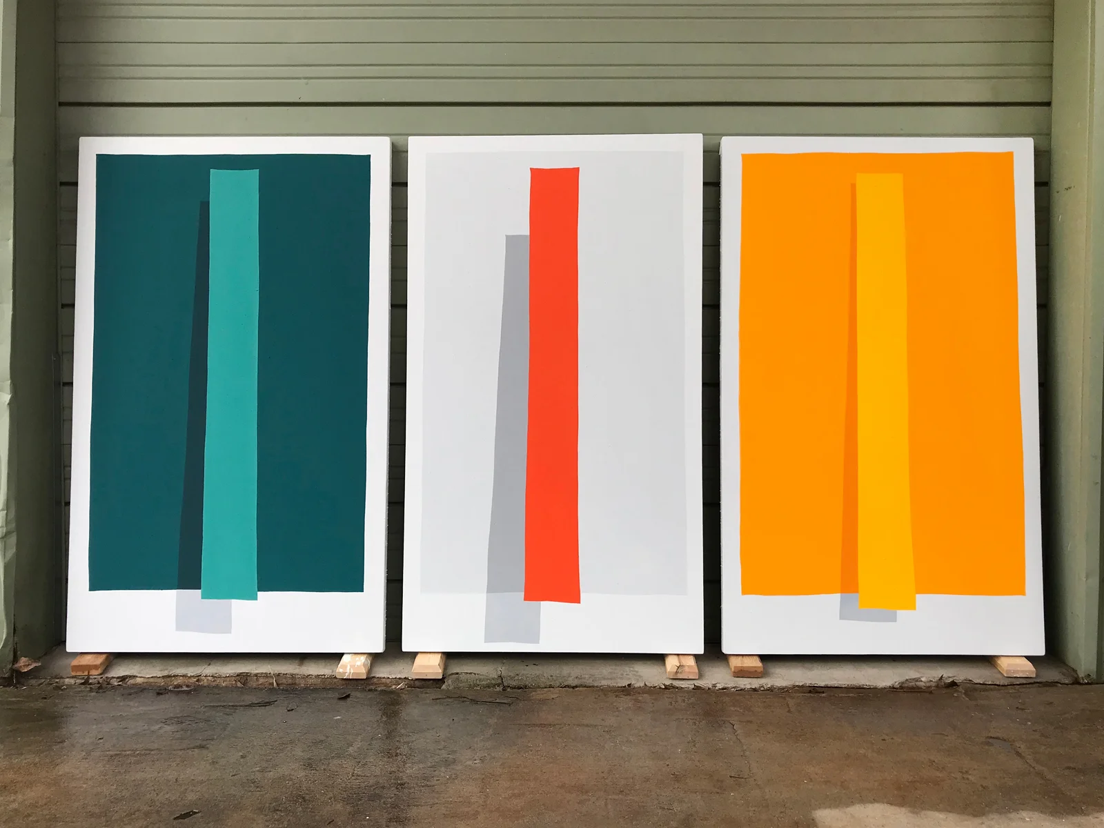 Paul Kremer: Hover Weights (triptych) , 2018 Acrylic on canvas 60 x 109 inches