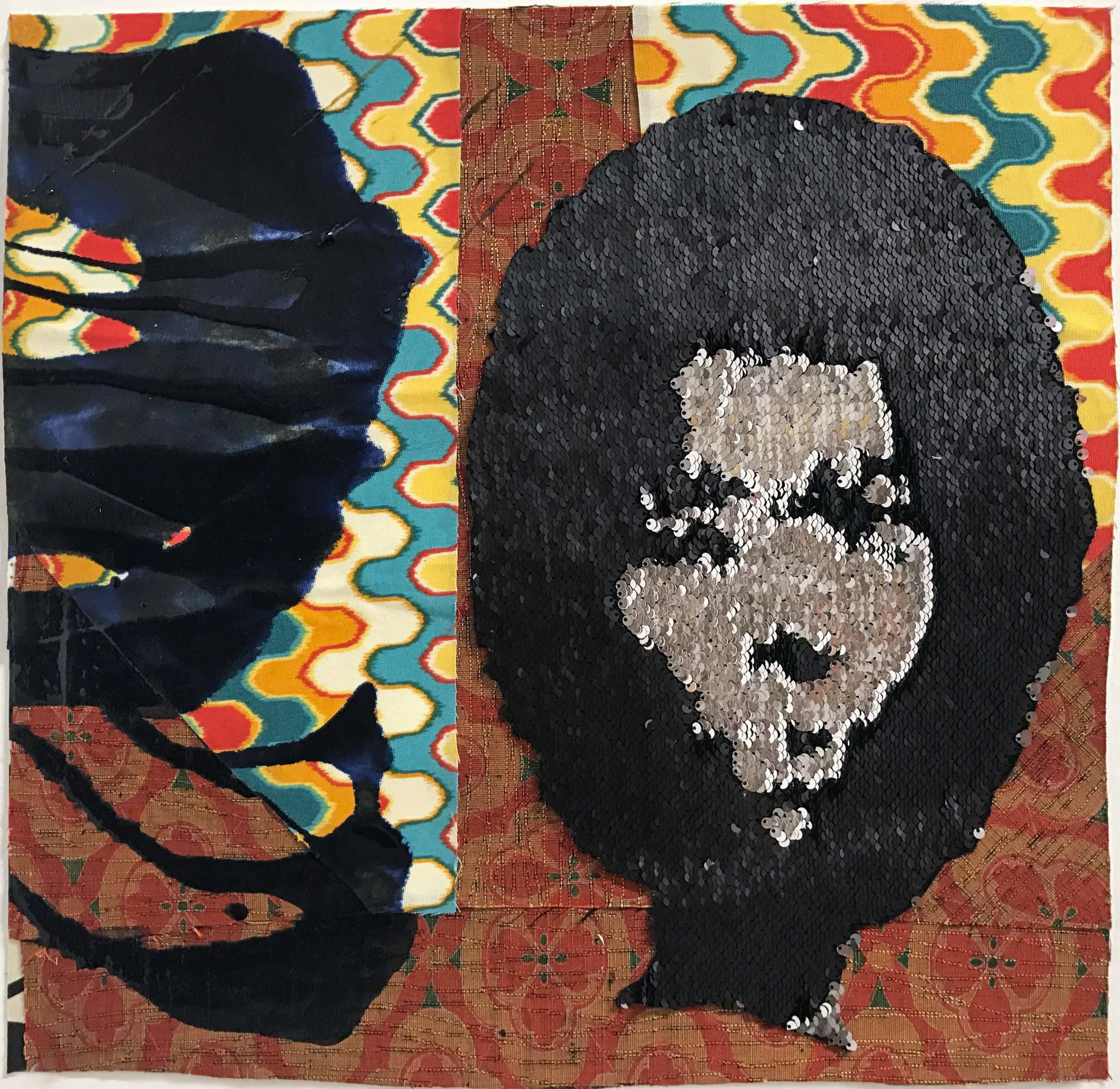 Sanford Biggers: Cameo , 2017 Fabric, acrylic, sequins on archival paper 18h x 18.50w inches