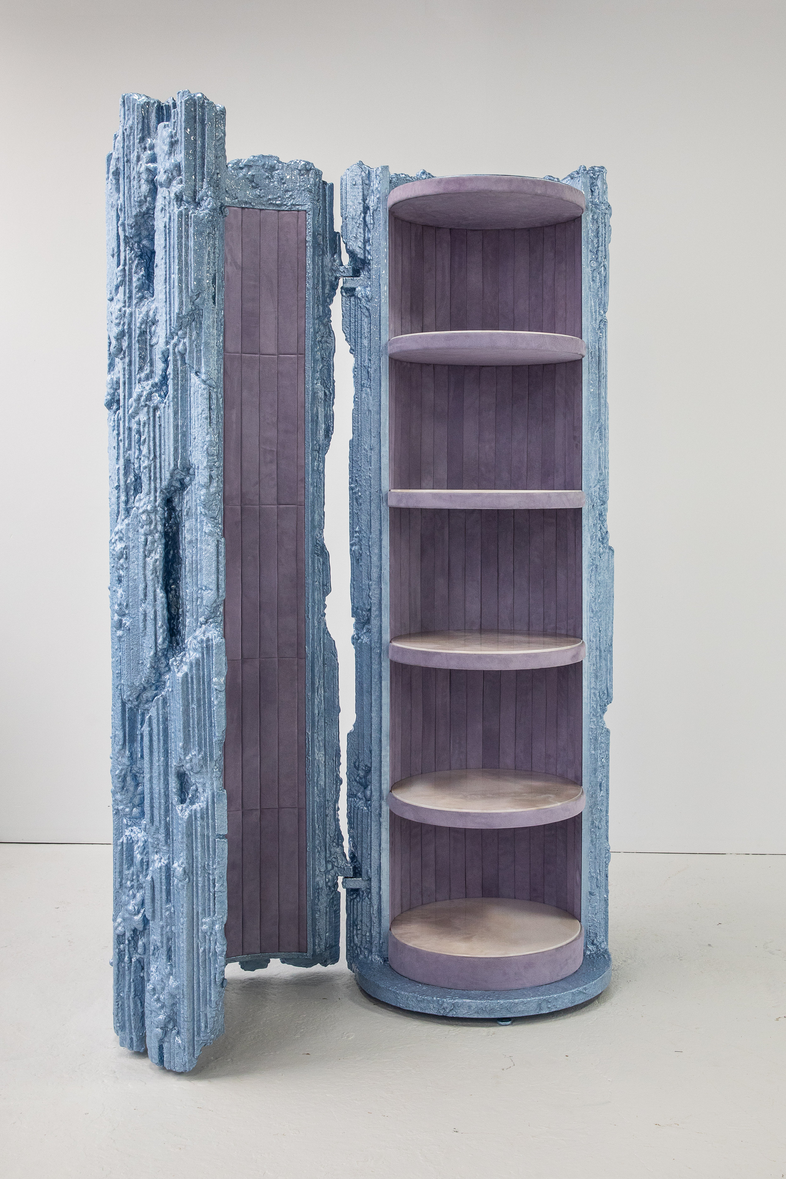 Chris Schanck - Cyro , 2018 Steel, aluminum, polystyrene, polyurea, resin, suede and onyx 90h x 32w x 32l inches