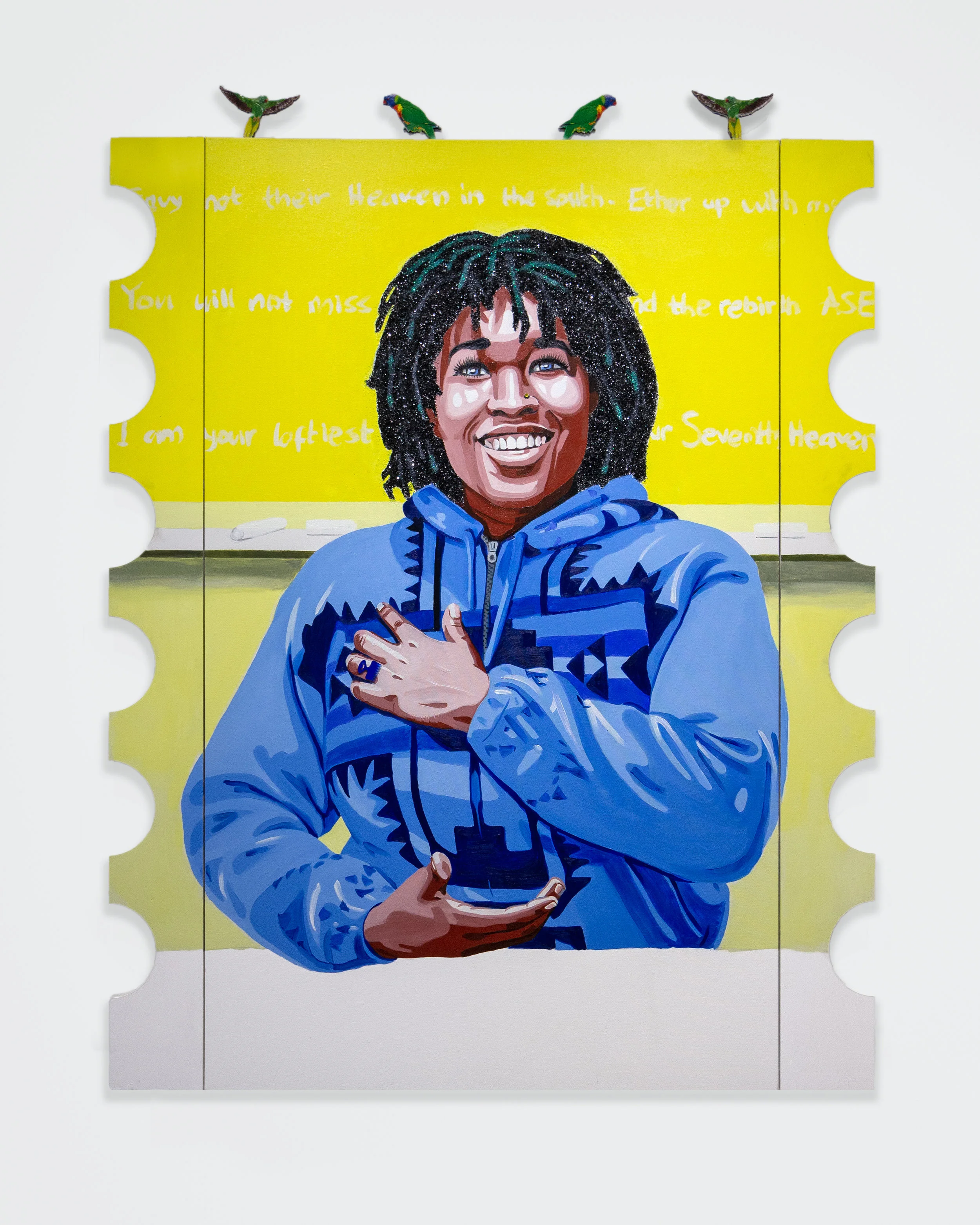 Conrad Egyir - Qhristine Moe Paco, Background , 2018 Acrylic, oil, glitter, mounted plexi and wood on canvas 66h x 48w inches