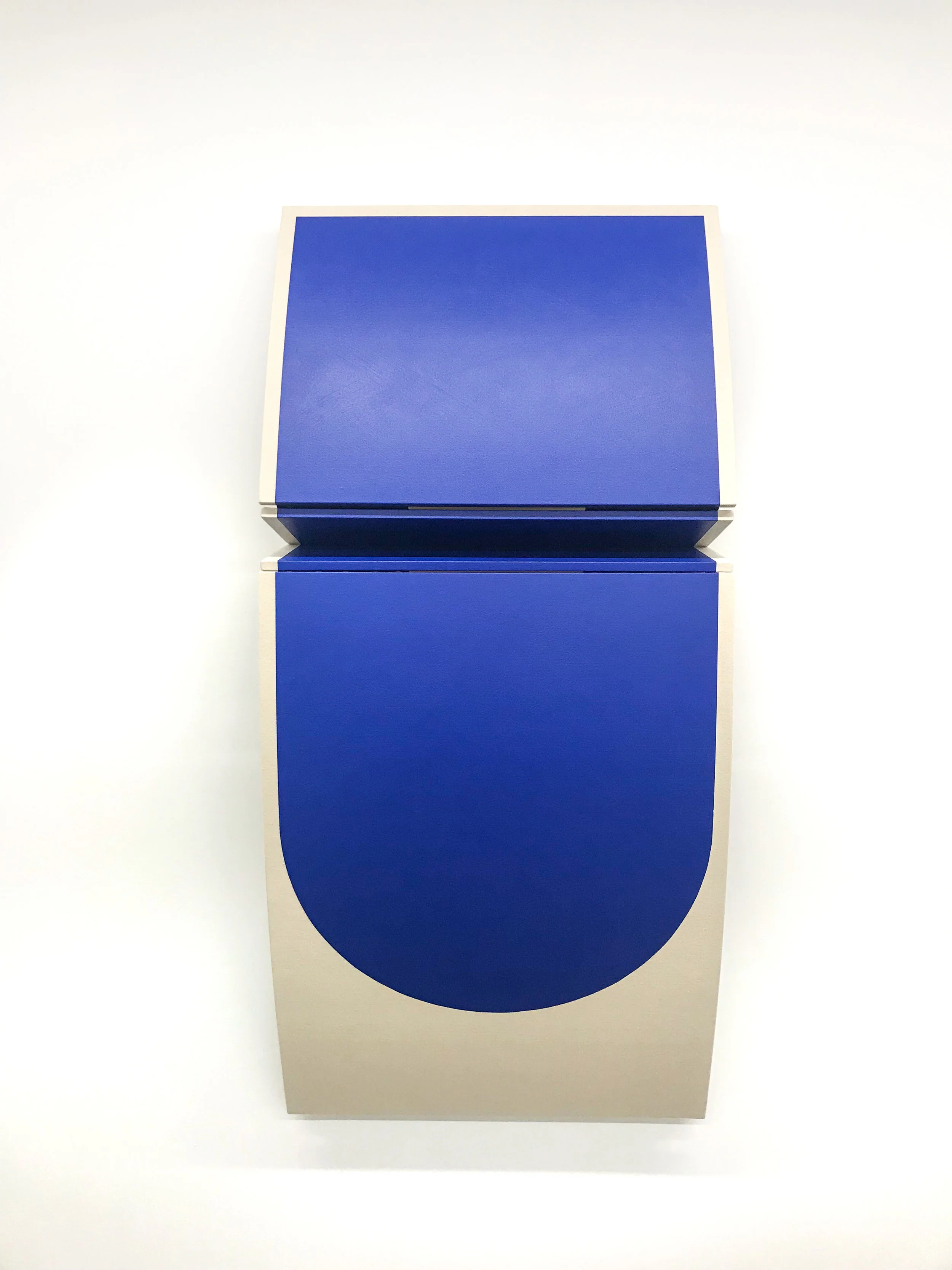 Robert William Moreland - Untitled Blue Curve II , 2019 Drop cloth on wooden panel with acrylic paint, tacks & leather hinges 76.50h x 36w x 12d inches