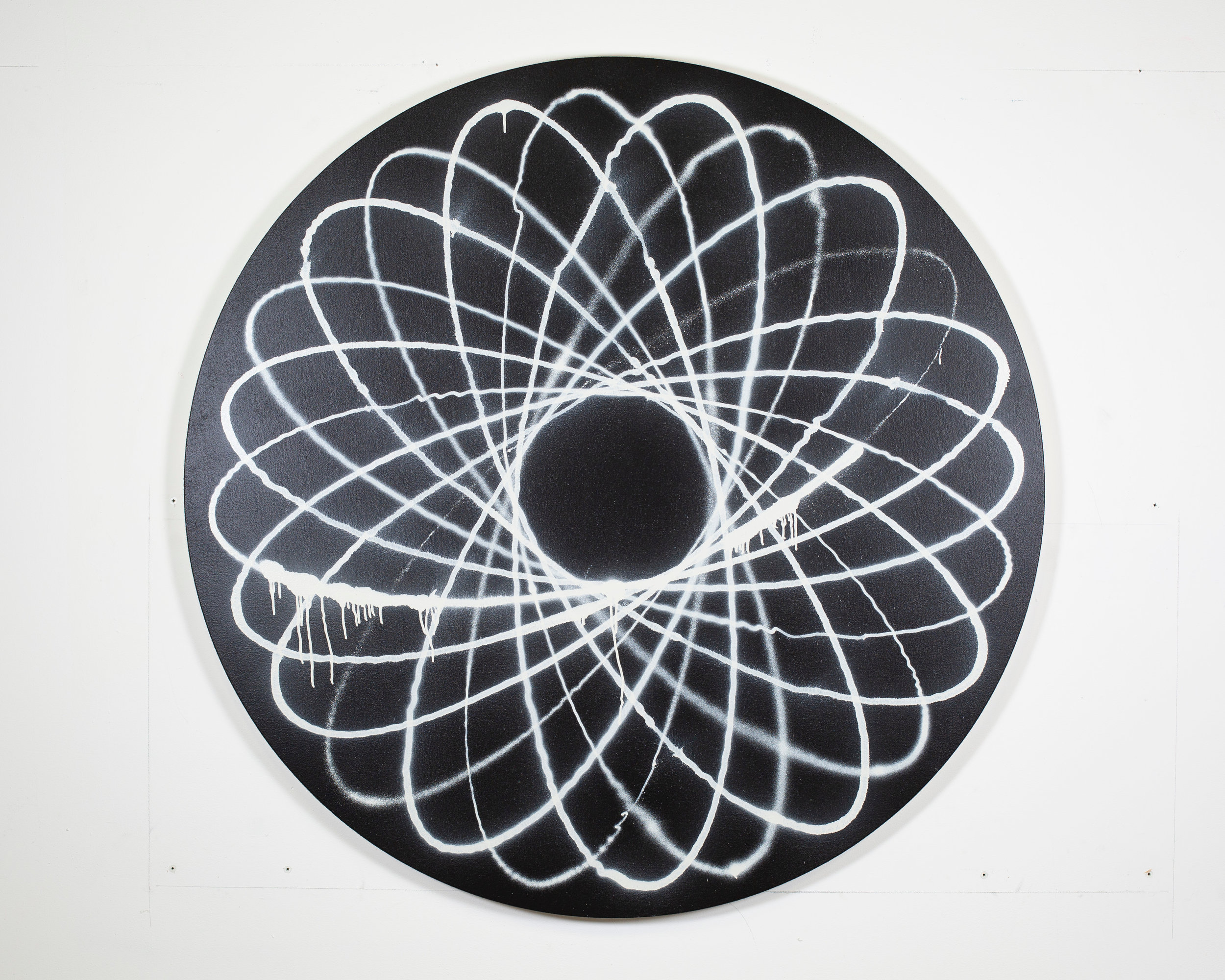 Jason REVOK - SmallSpiro_B/W_b_6/19 , 2019 Synthetic polymer and acrylic spray paint on shaped canvas 60 inches in diameter