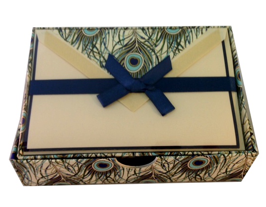 Italian boxed stationery in peacock design