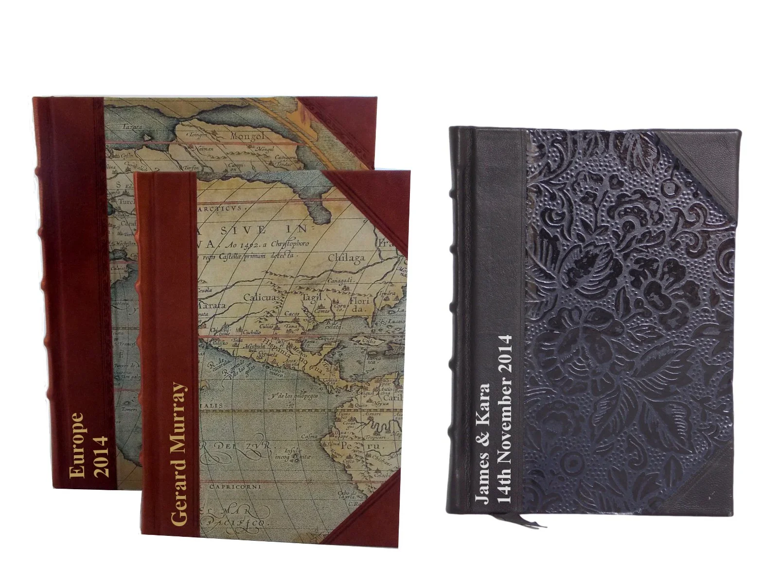 World Maps Journal in 2 sizes (perfect for travel lovers); &nbsp;Half Leather journal in black floral - both starting from $105