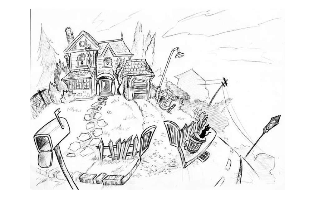 First sketch of the house. The idea here was to give the house itself character, the more you repaired it, the happier it got.