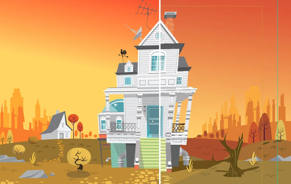We wanted our 2D illustrations (left) to look just as good when rendered in 3D (right).