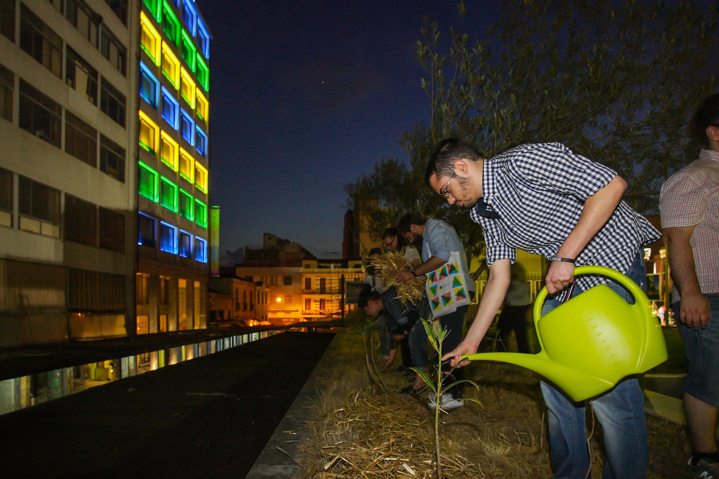 A volunteer watering a plant on the square—perhaps the start of an oasis of greenery?