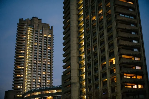 Two of the high towers in the Barbican housing estate.