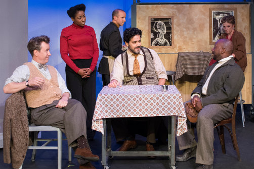 Greg Oliver Bodine, Nikki Andrews-Ojo, Jason Howard, Jorge Cordova, Tarantino Smith, and Hanna Cheek in Universal Robots. Photo by Deborah Alexander.