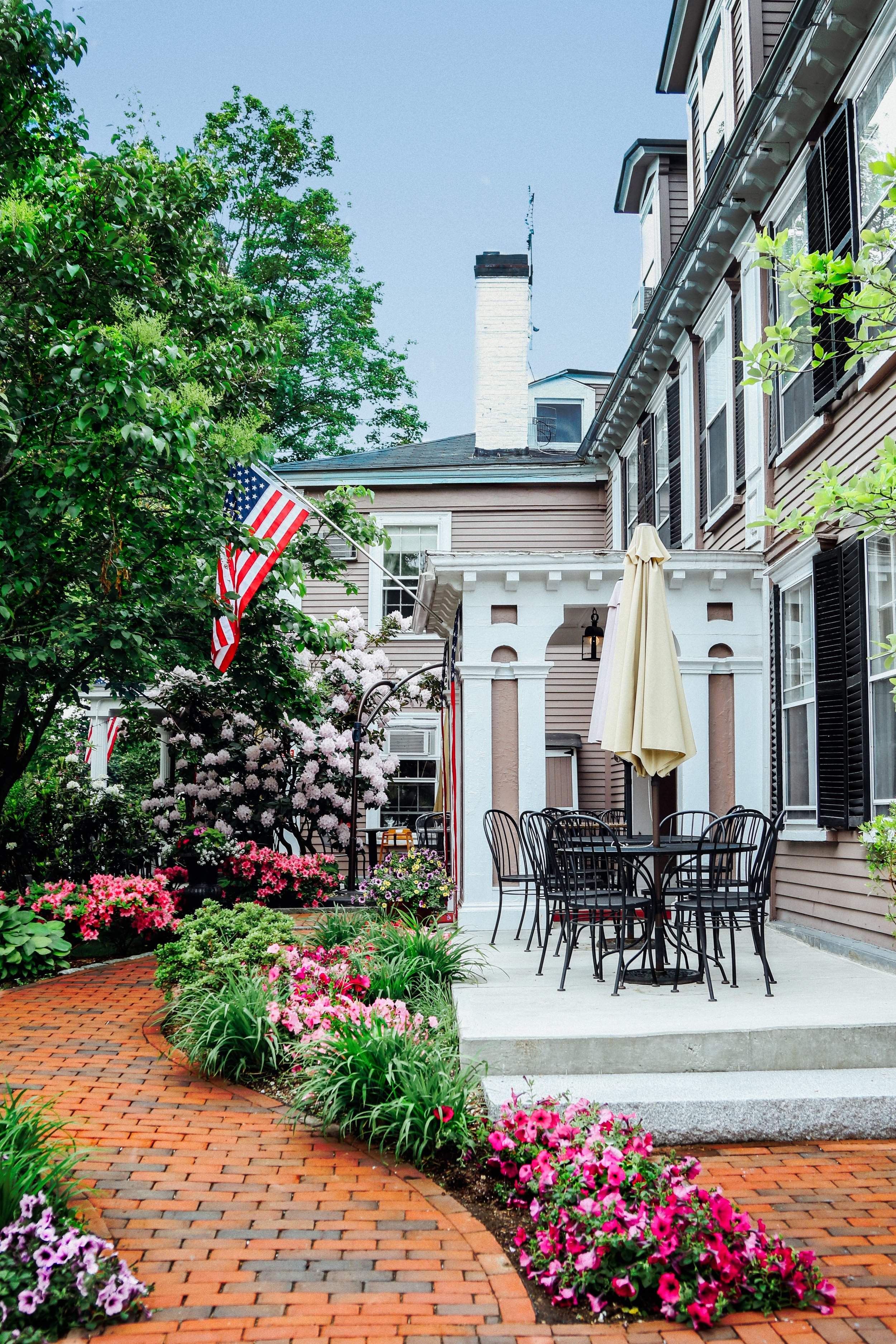 Side porch view of Concord's Colonial Inn, Concord MA.
