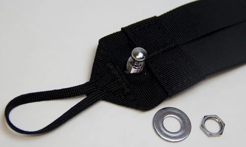 3) Insert threaded end of Straplock through the slit in the strap.