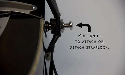 6) Pull knob and slide Straplock shoe over the strap button. It should click when seated properly. Note: Again, do not use leash with Straplocks.