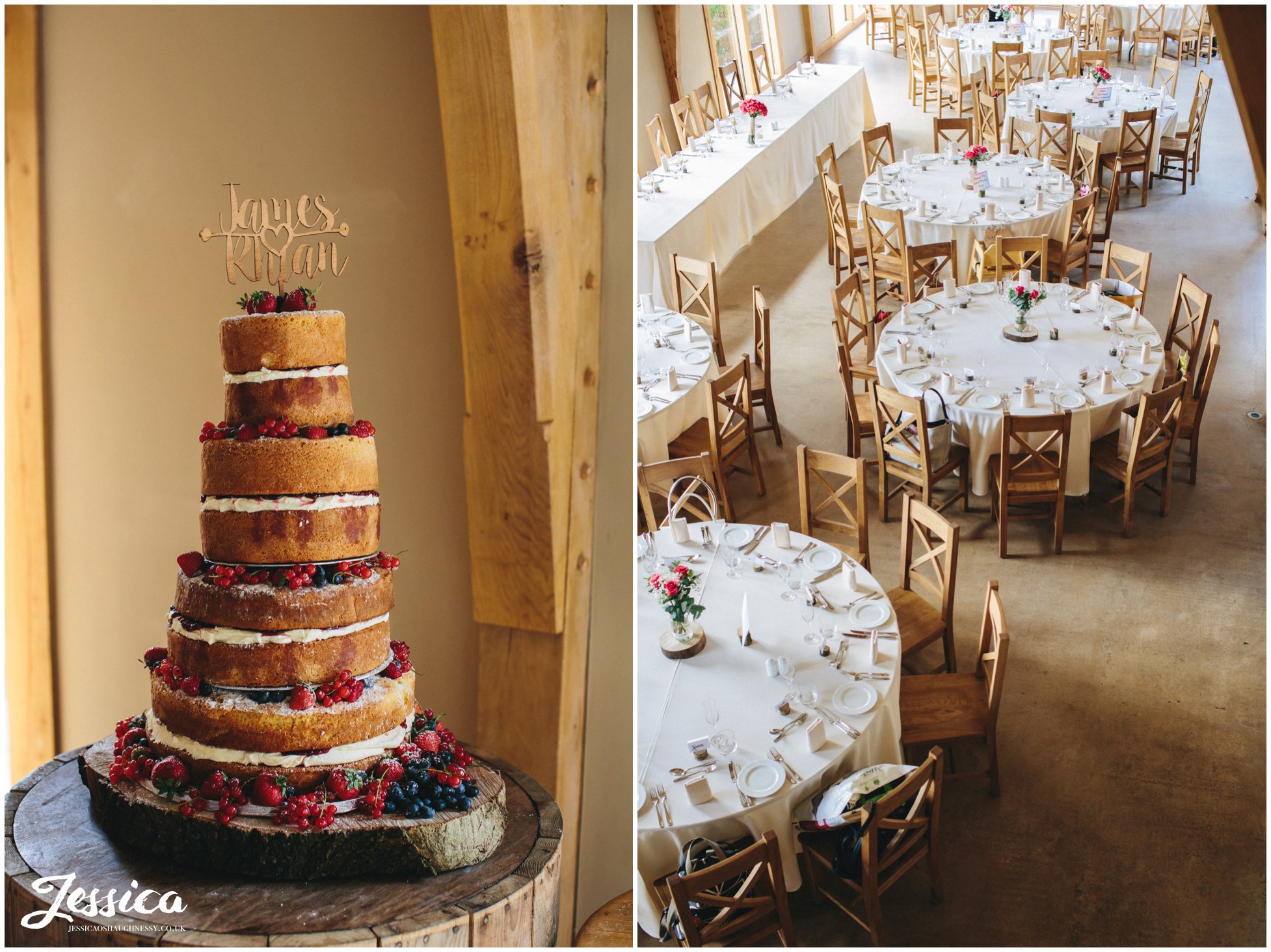 rustic naked cake in the barn at tower hill barns, north wales