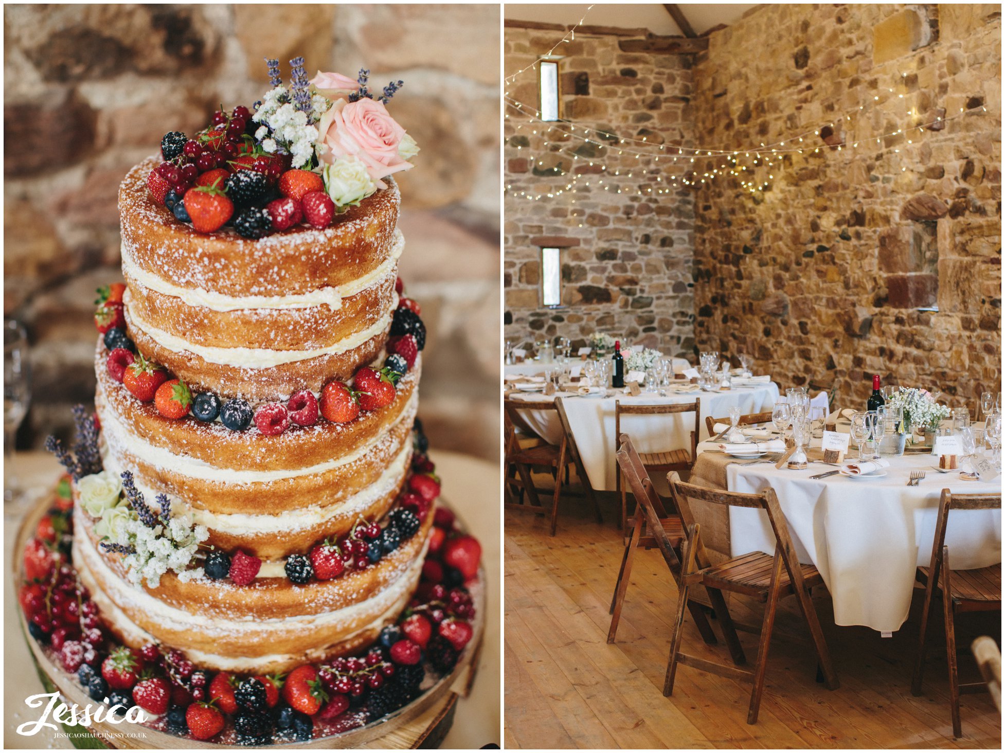 Naked cake decorated with fruit displayed in the rustic barn at Three Hills Barn, Cumbria