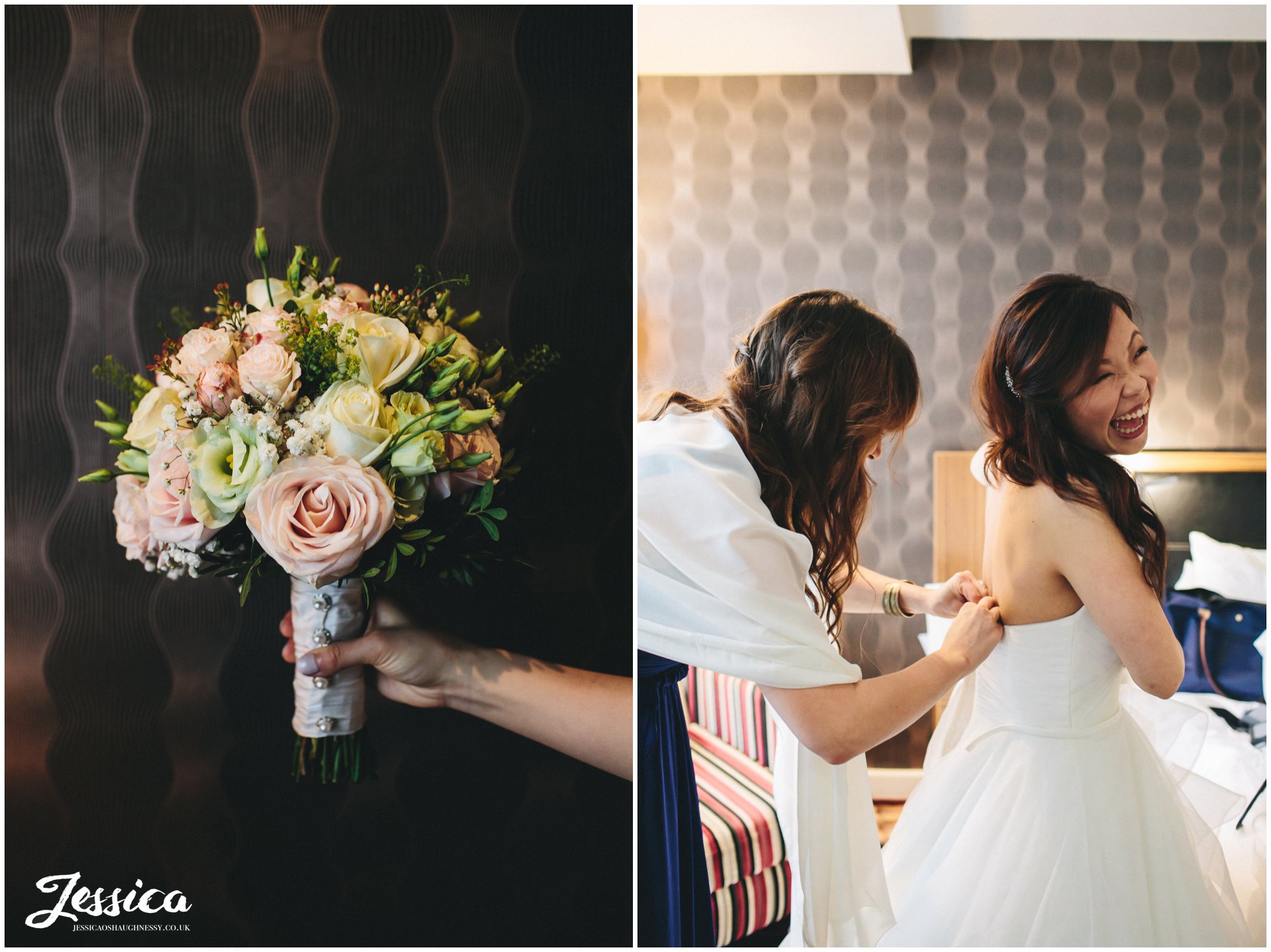 bouquet & bride getting into her wedding dress ready for the ceremony at On The 7th