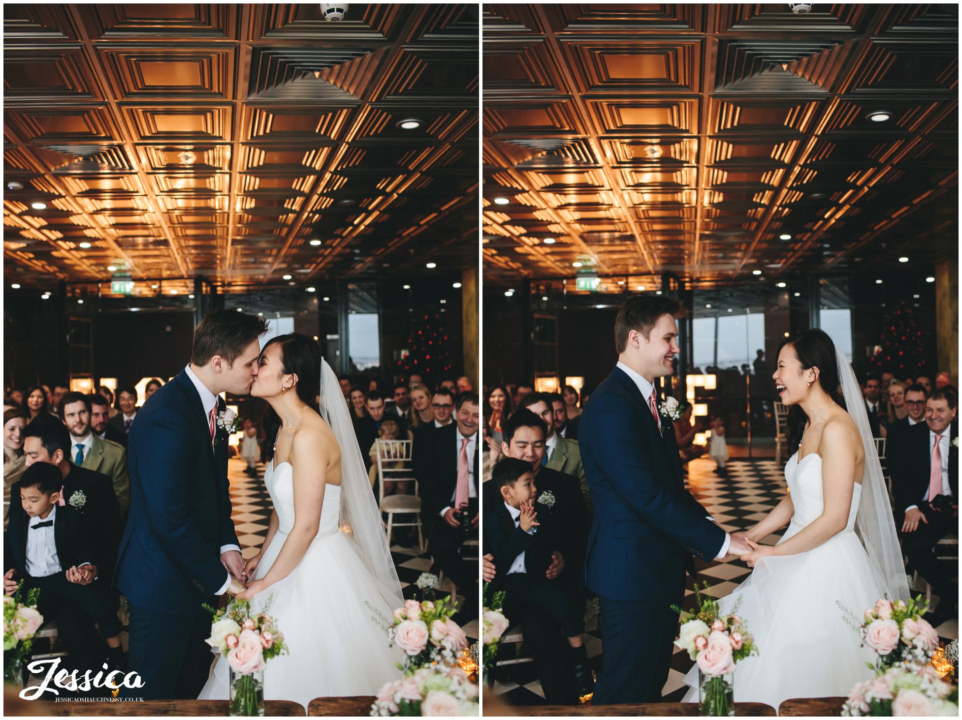 newly wed's share their first kiss during their wedding ceremony at on the 7th - media city, manchester