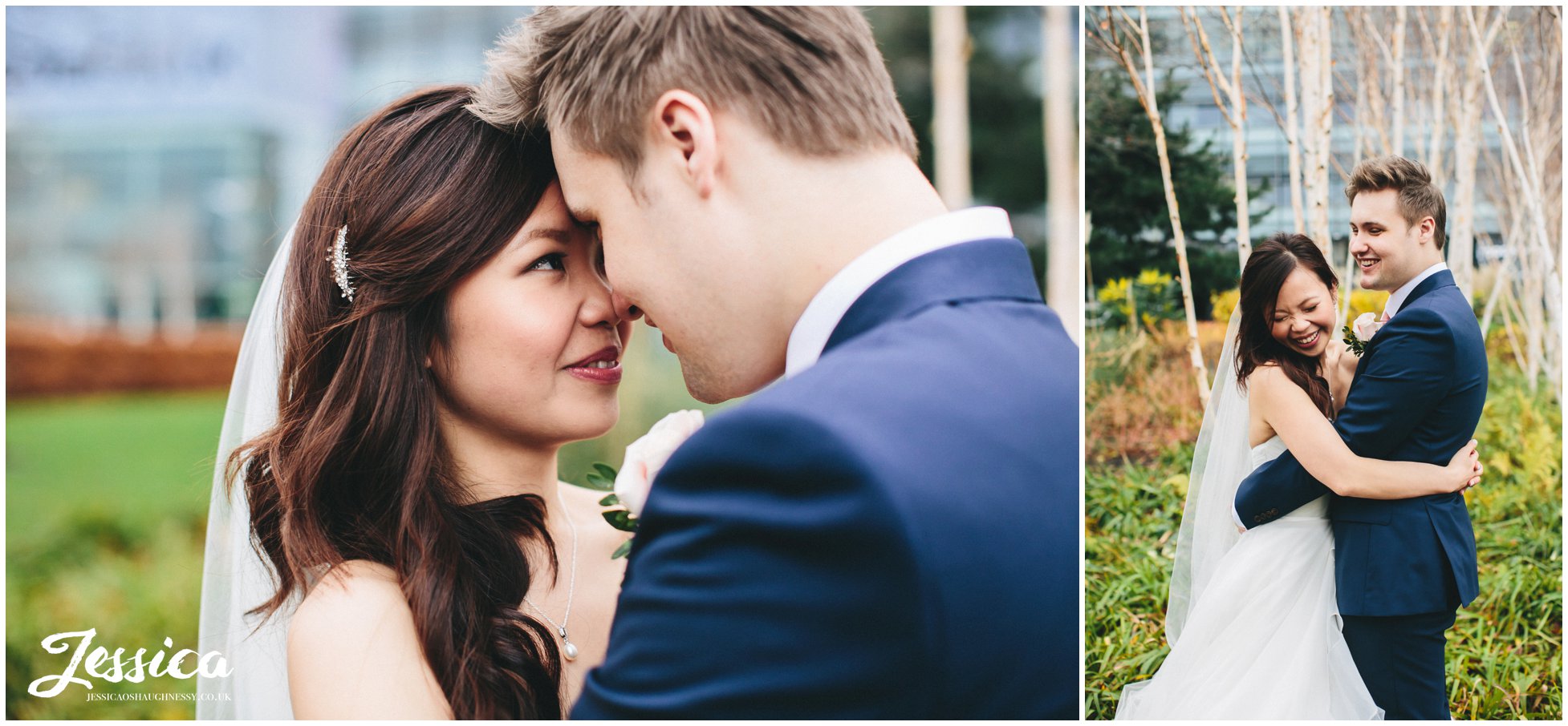 newly wed's kiss in the media city gardens on their wedding day in manchester