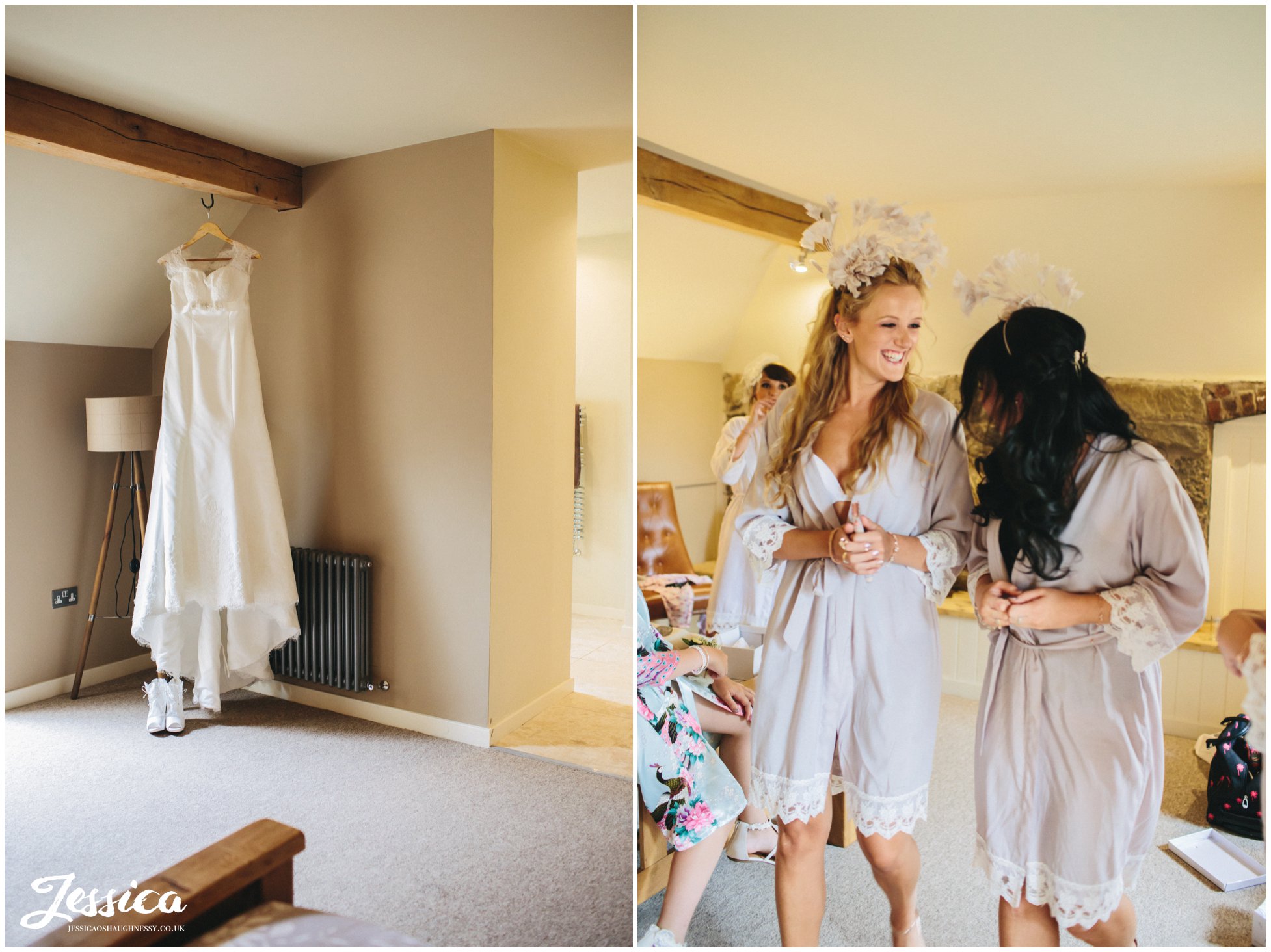 wedding dress and bridesmaids laughing at tower hill barns in the bridal suite 