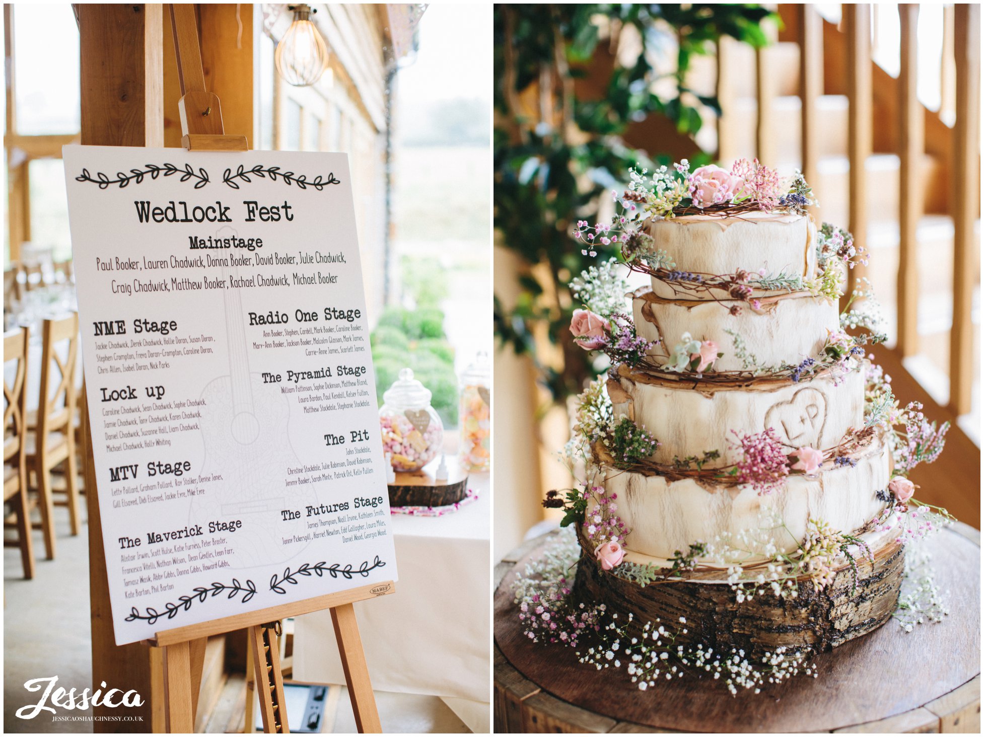 rustic cake and seating plan decorate the barn