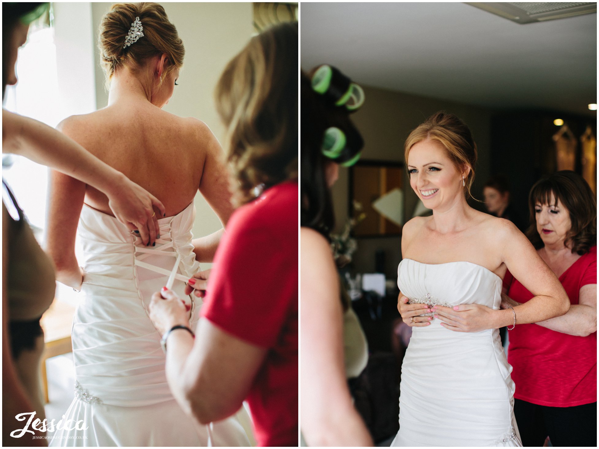 bride gets changed into her wedding dress at her wirral wedding