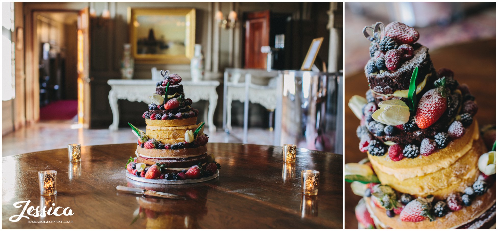 rustic wedding cake topped with flowers & fruit - thornton manor wedding