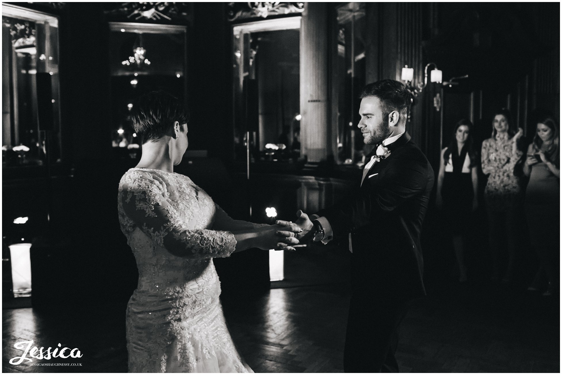black and white photo of the first dance at a thornton manor wedding
