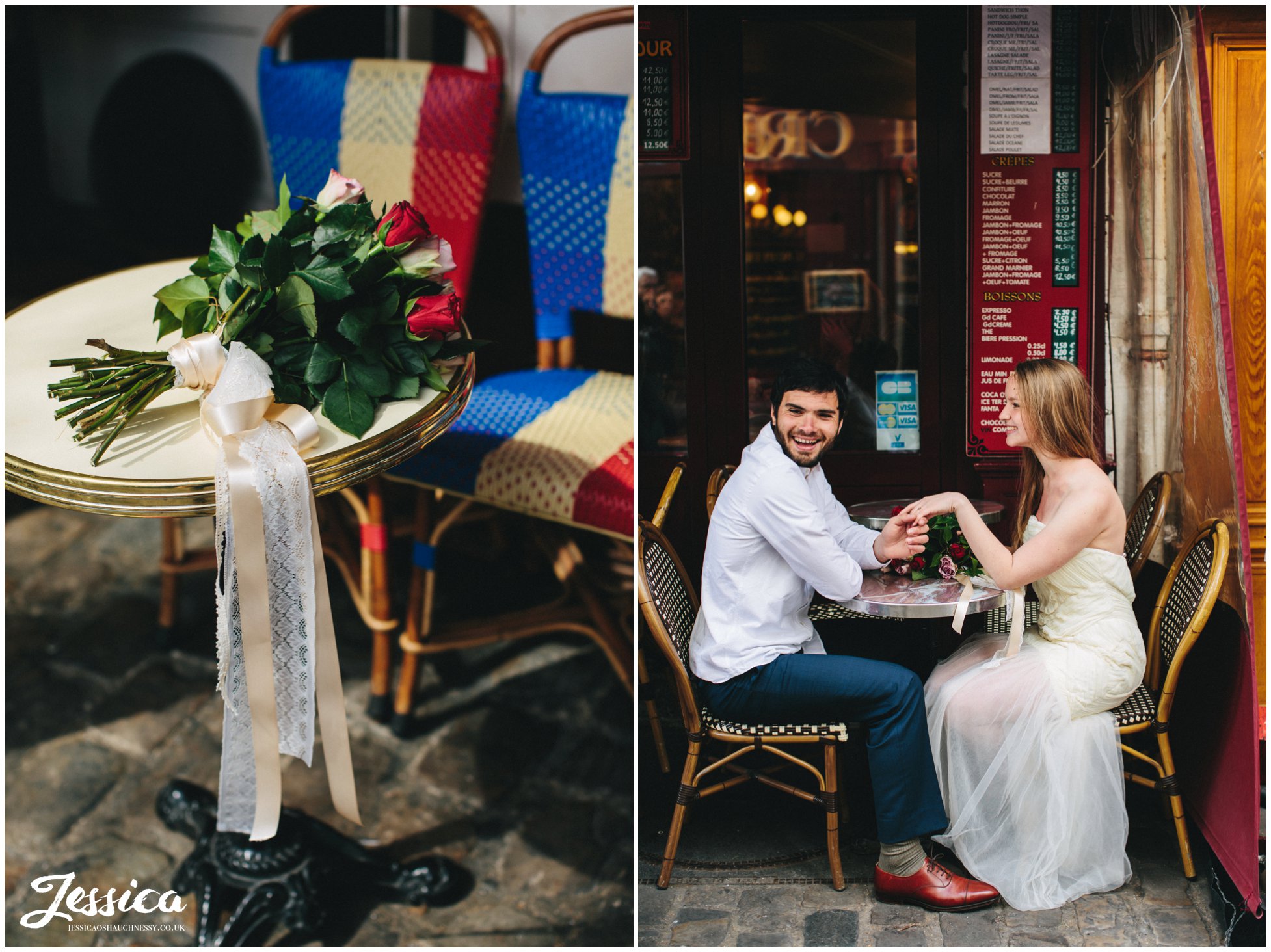 Newly Wed's sitting outside a cafe in mont marte, paris