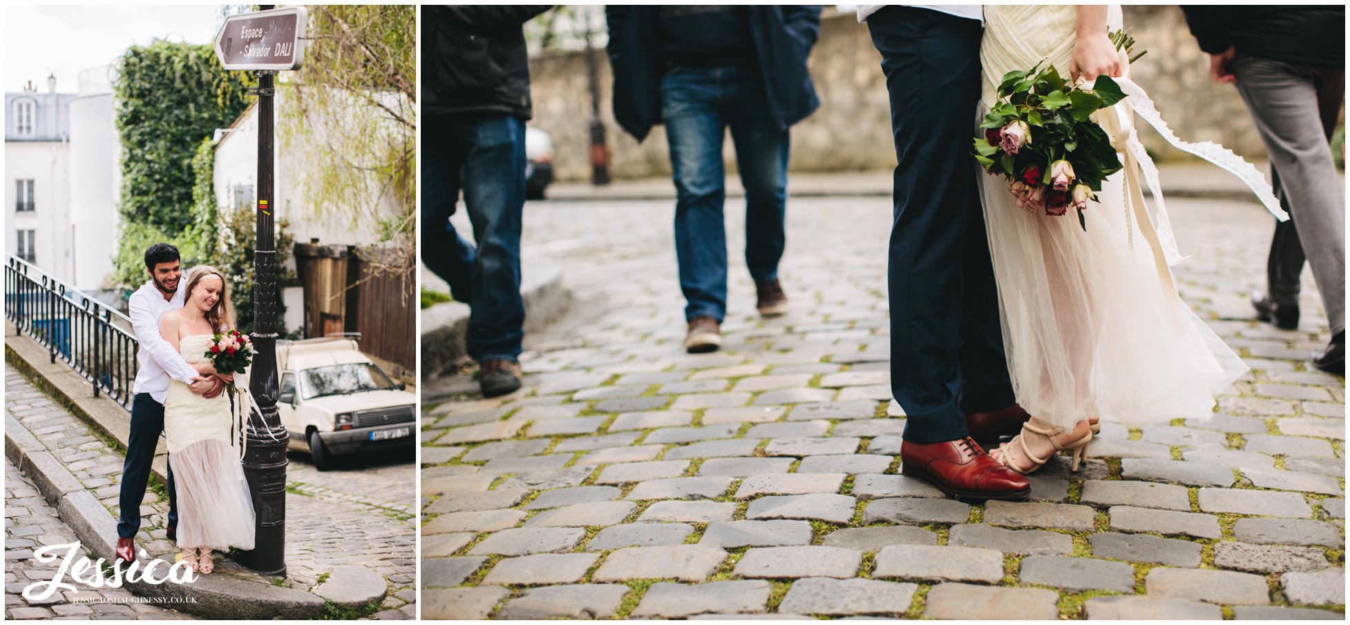 couple stand on cobbled streets of mont marte on their wedding day in paris
