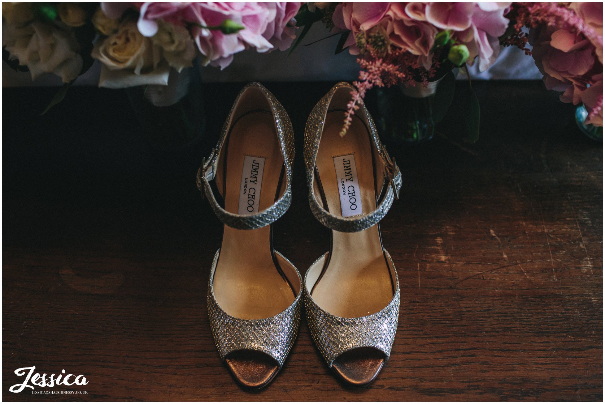 jimmy choo's for the bride on her wedding day in cheshire