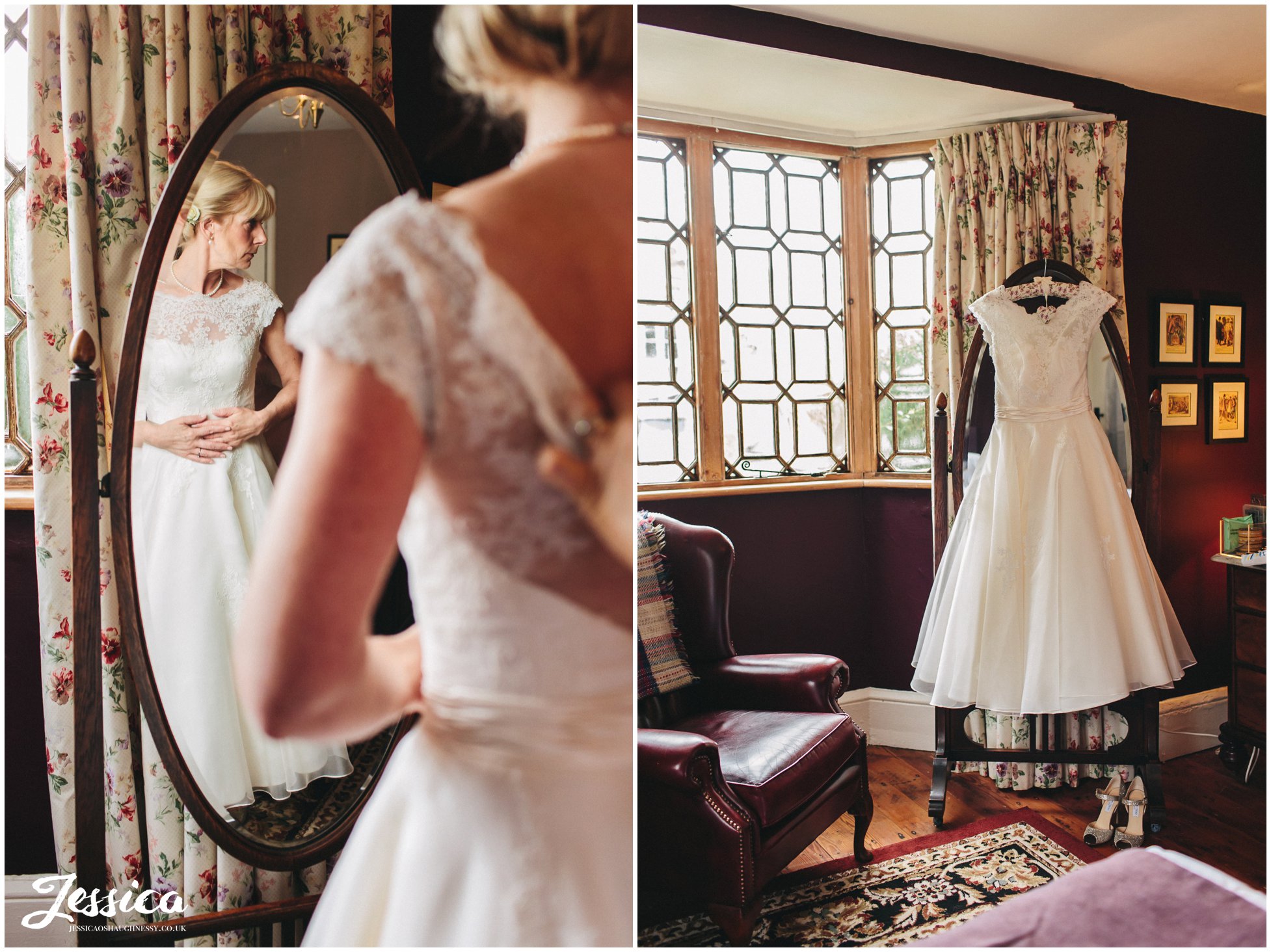 bride getting into her tea-length dress at her cholmondeley arms wedding