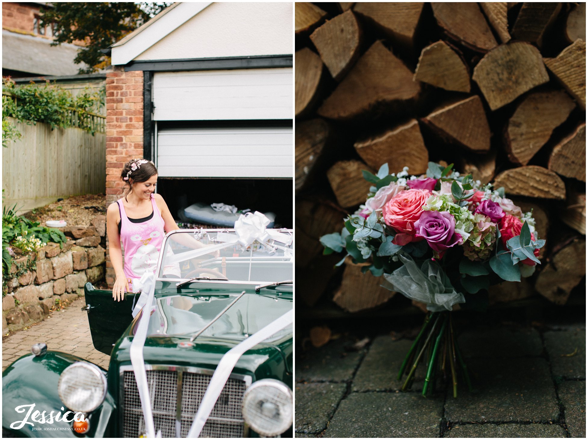 bridal bouquet photographed in front of chopped logs