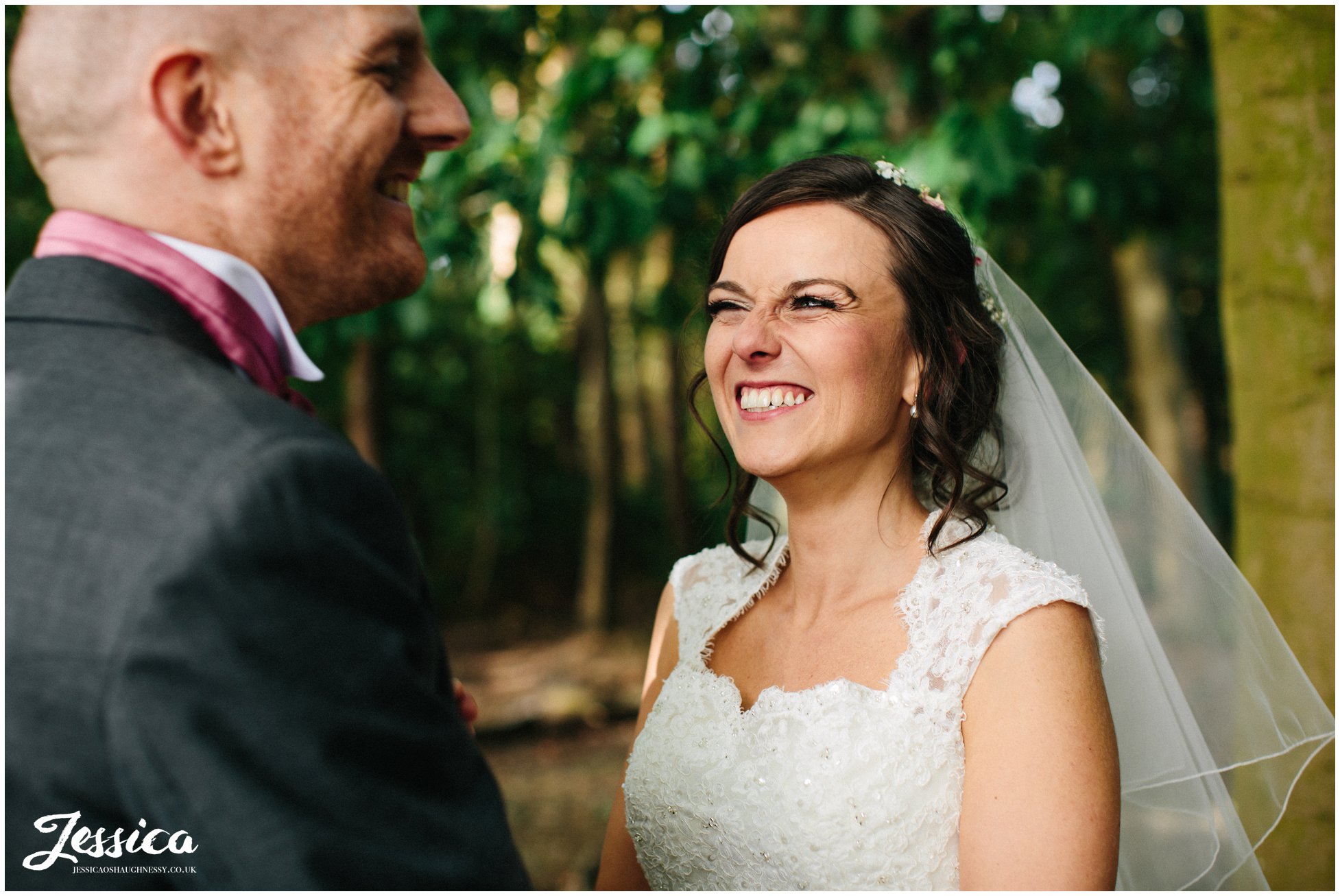 bride laughing at her groom on their wedding day - cheshire wedding photography