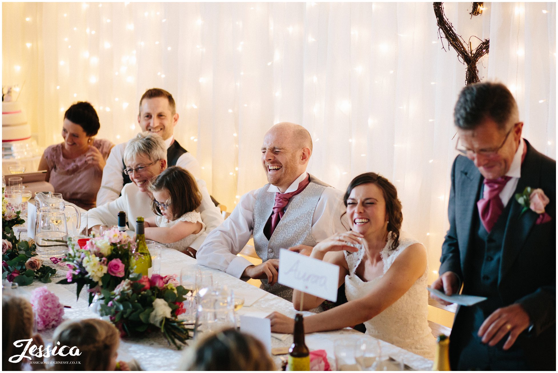 top table laugh during father of the bride speech, cheshire