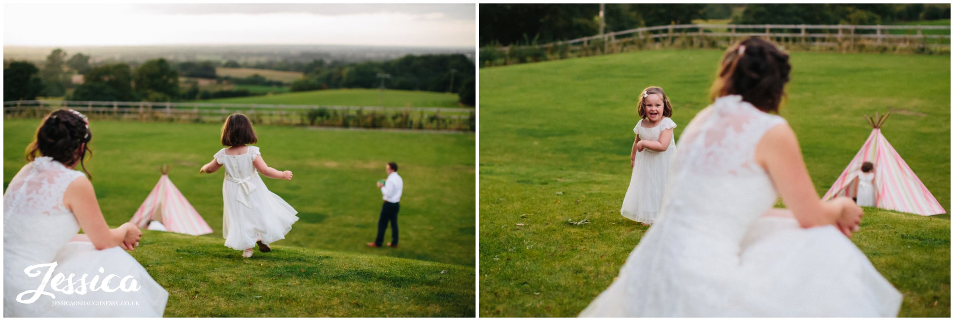 flower girls play on the field at a wedding at harthill weddings, the success factory