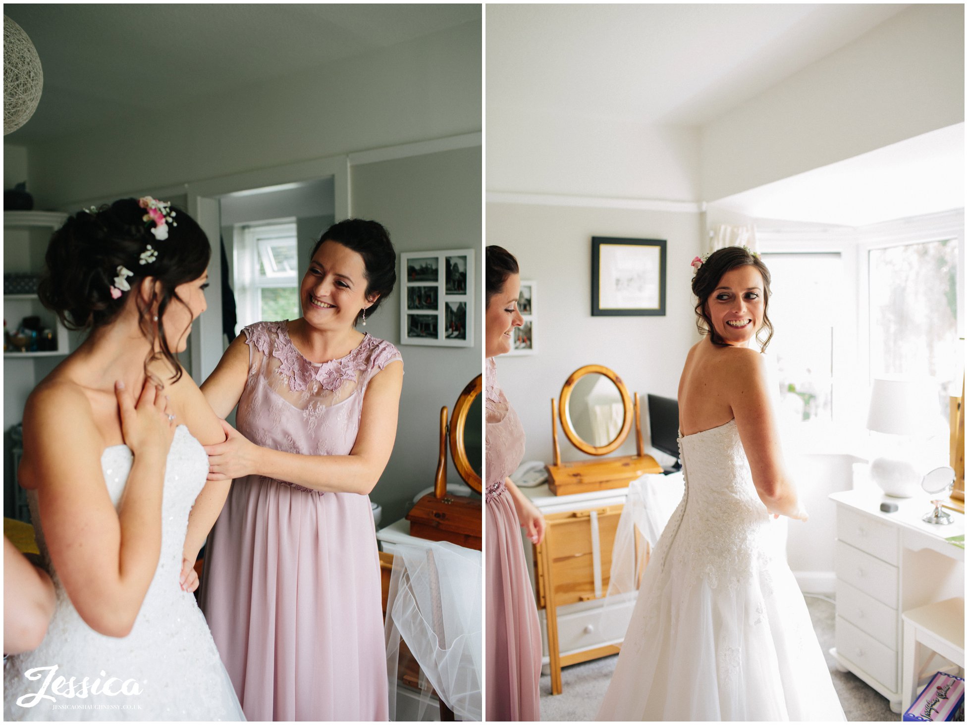 bridesmaids help bride into her wedding dress - cheshire wedding photography