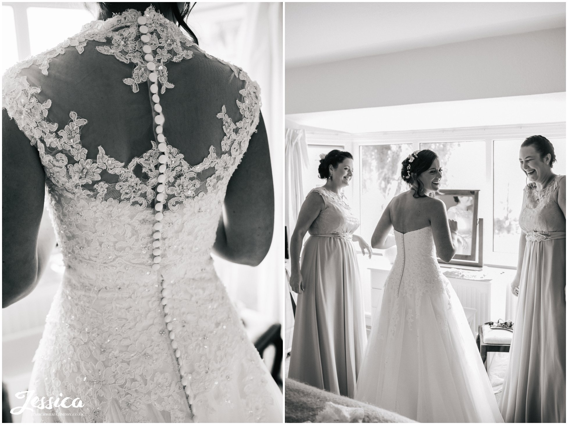 black and white photograph of bride getting into her dress on her wedding day in farndon