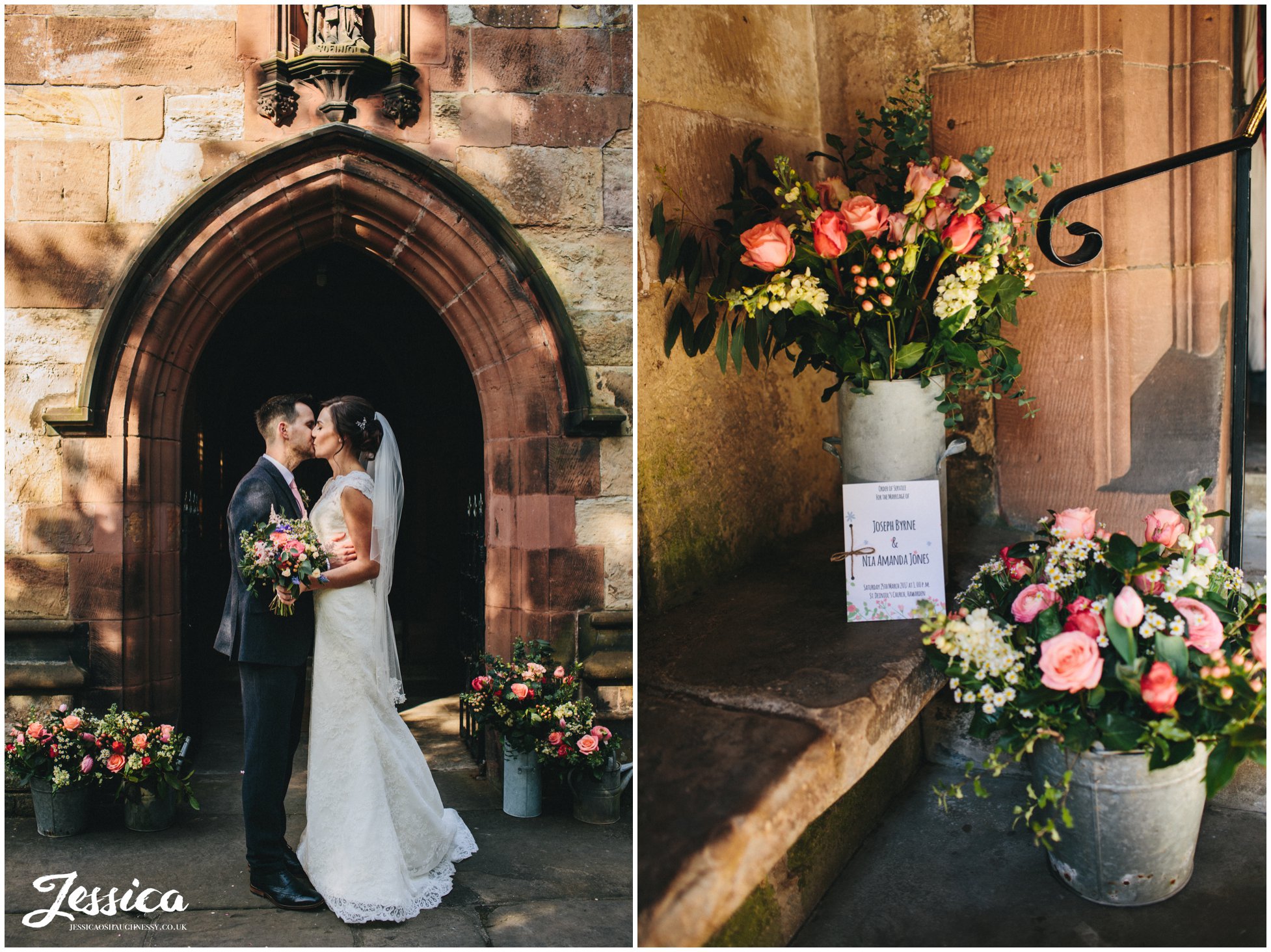 bride & groom kiss outside the church surrounded by rustic flowers