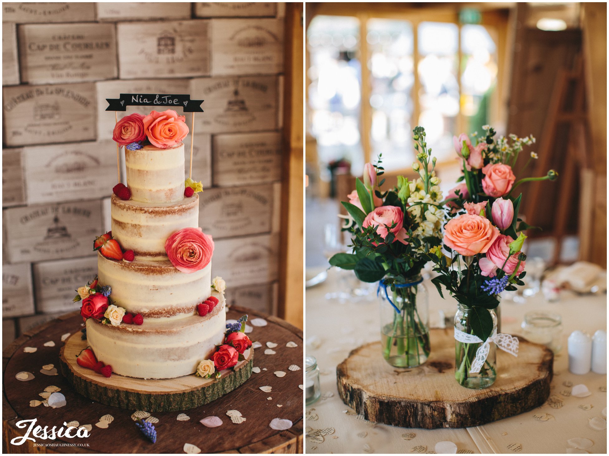 rustic naked cake and flowers decorate the barn - tower hill barns