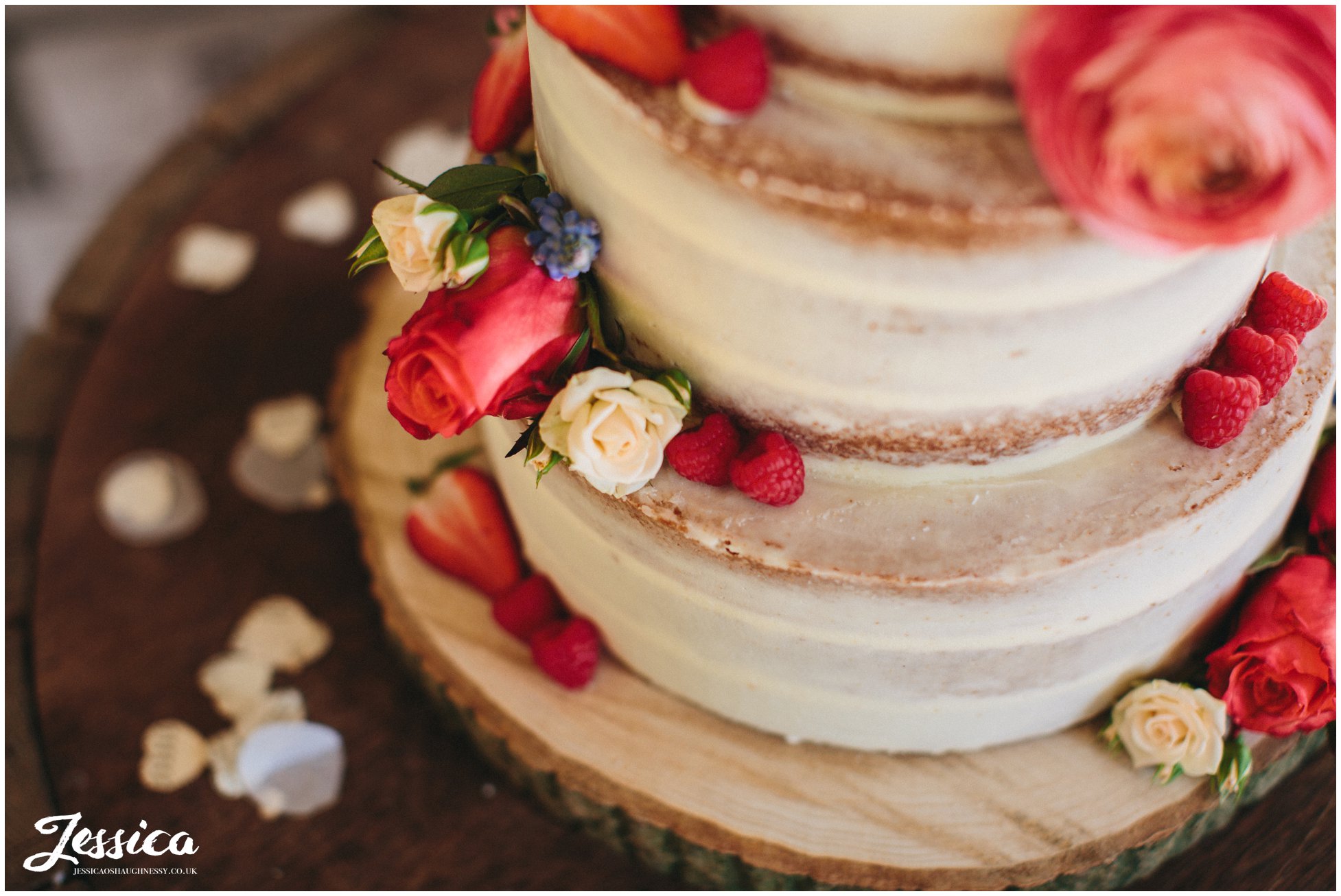 detail close up of rustic naked cake in north wales