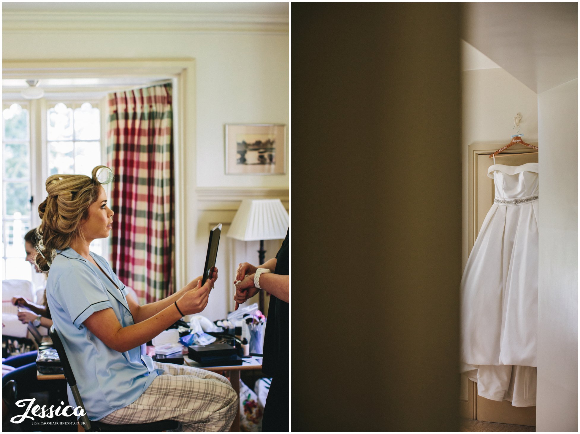 wedding dress hanging whilst bride gets her make up done
