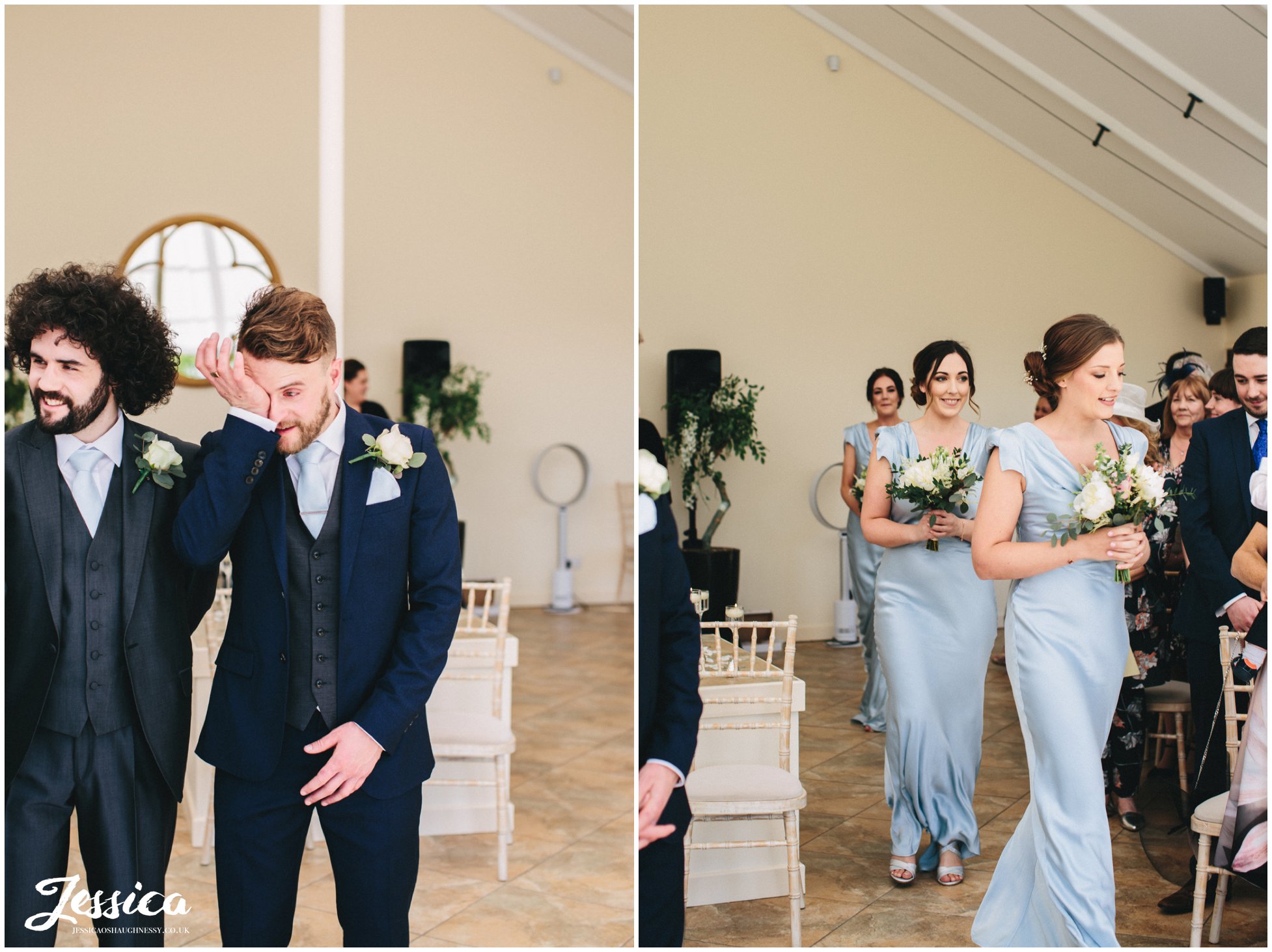 groom cries as the bridesmaids walk down the aisle