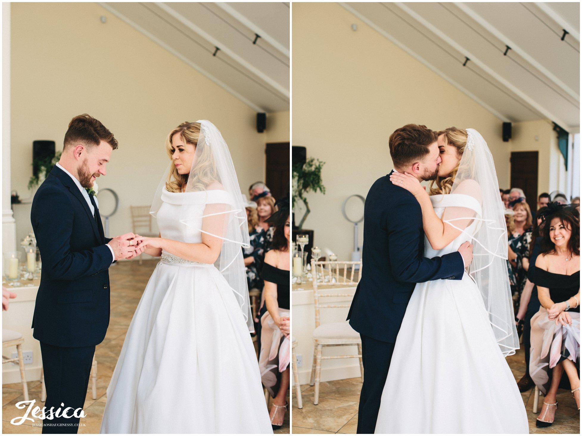 the first kiss during the wedding ceremony at Combermere Abbey in whitchurch